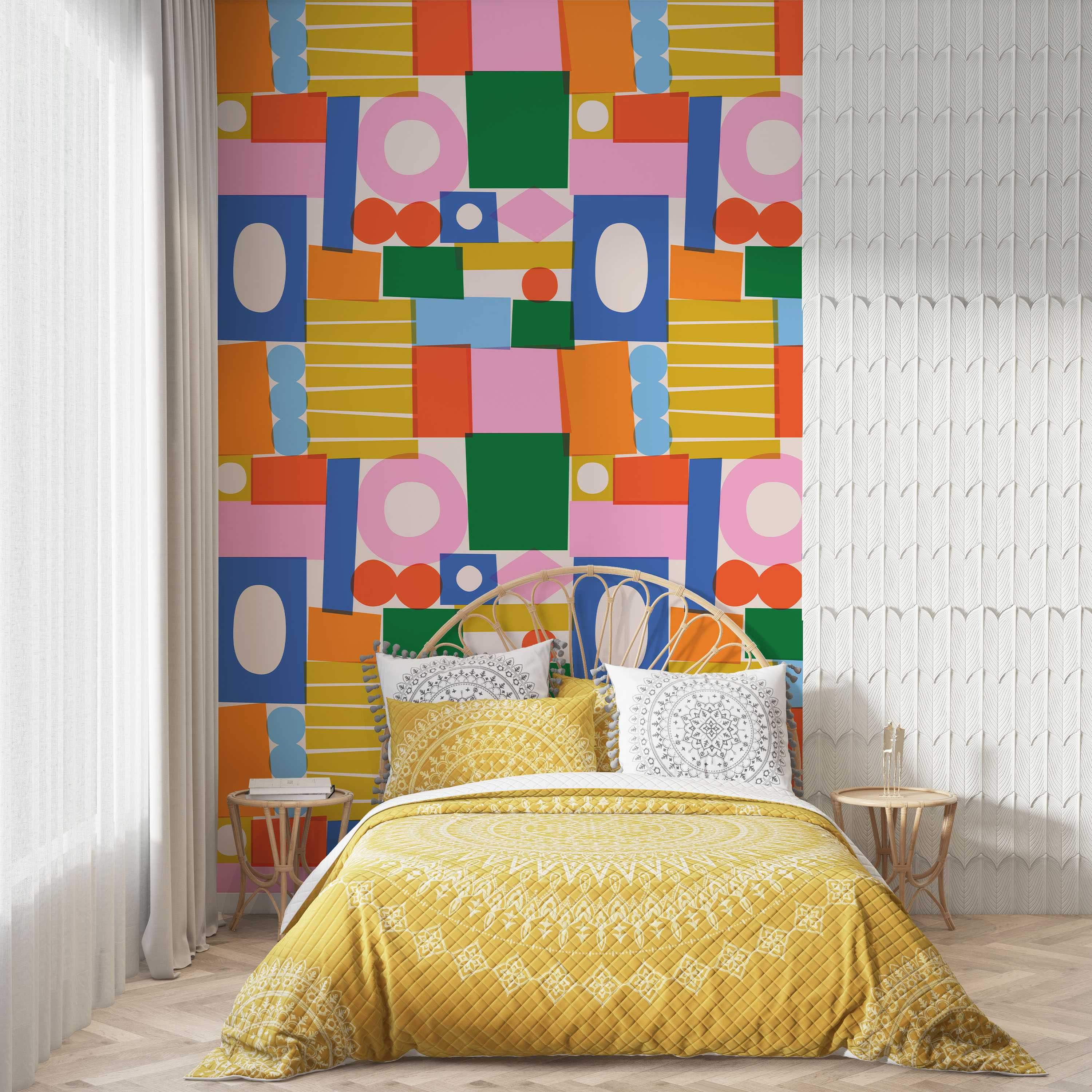 Abstract wallpaper featuring a collage of overlapping geometric shapes in bright pink, blue, orange, yellow, and green.