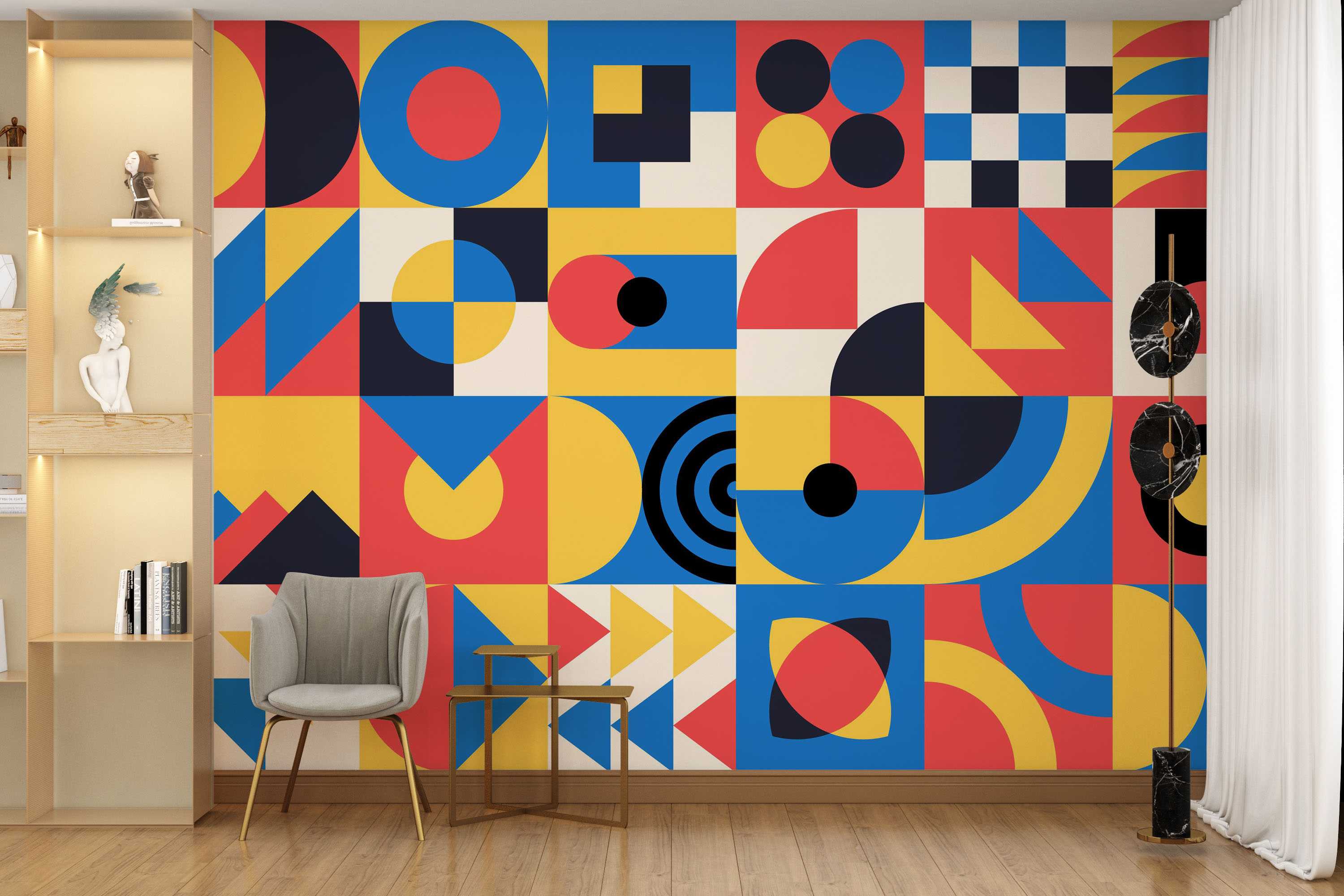 Abstract geometric mural featuring a grid of squares with circles, triangles, and blocks in blue, red, yellow, black, and white.