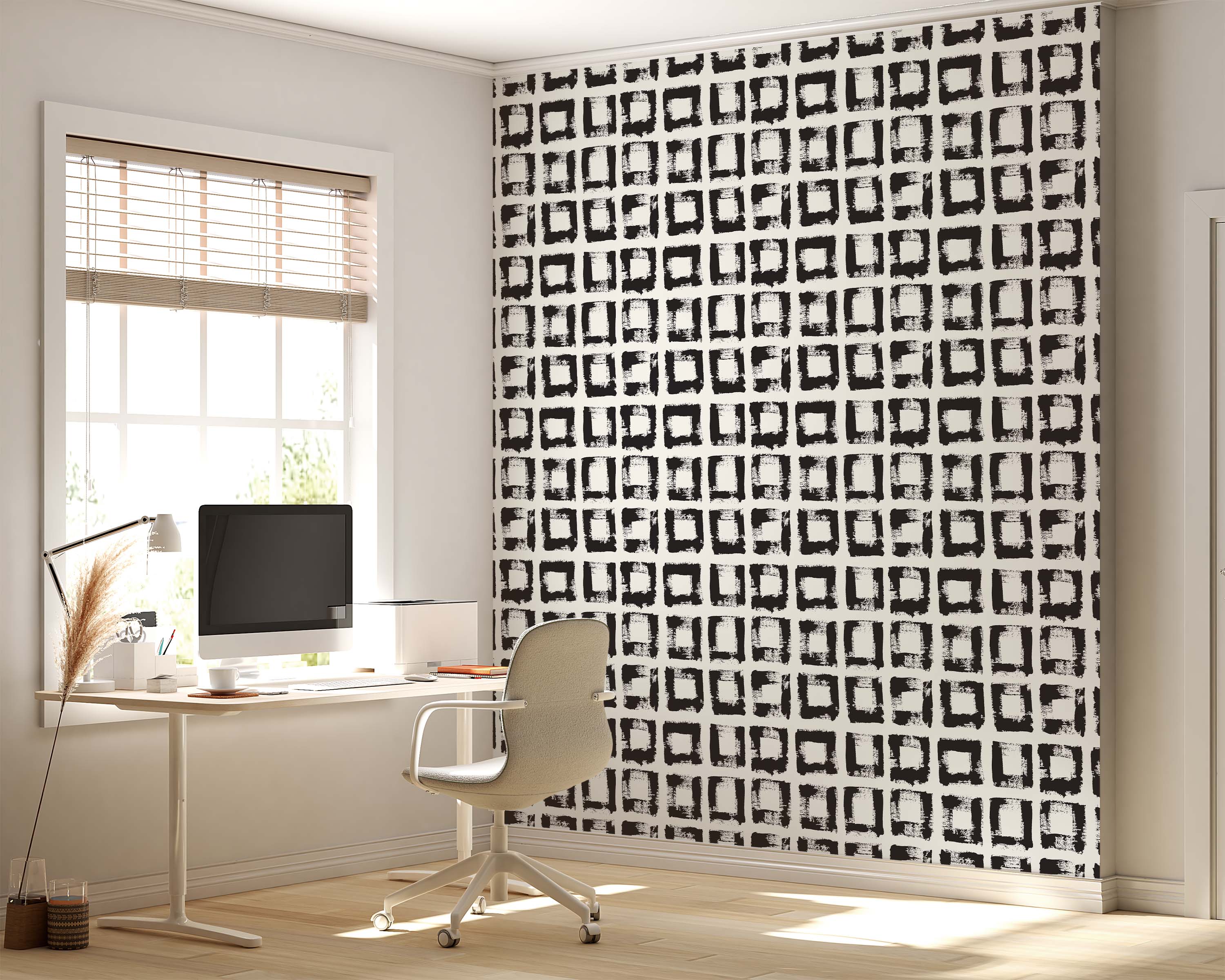 Geometric wallpaper featuring a grid pattern of black, roughly painted square outlines on a white background.