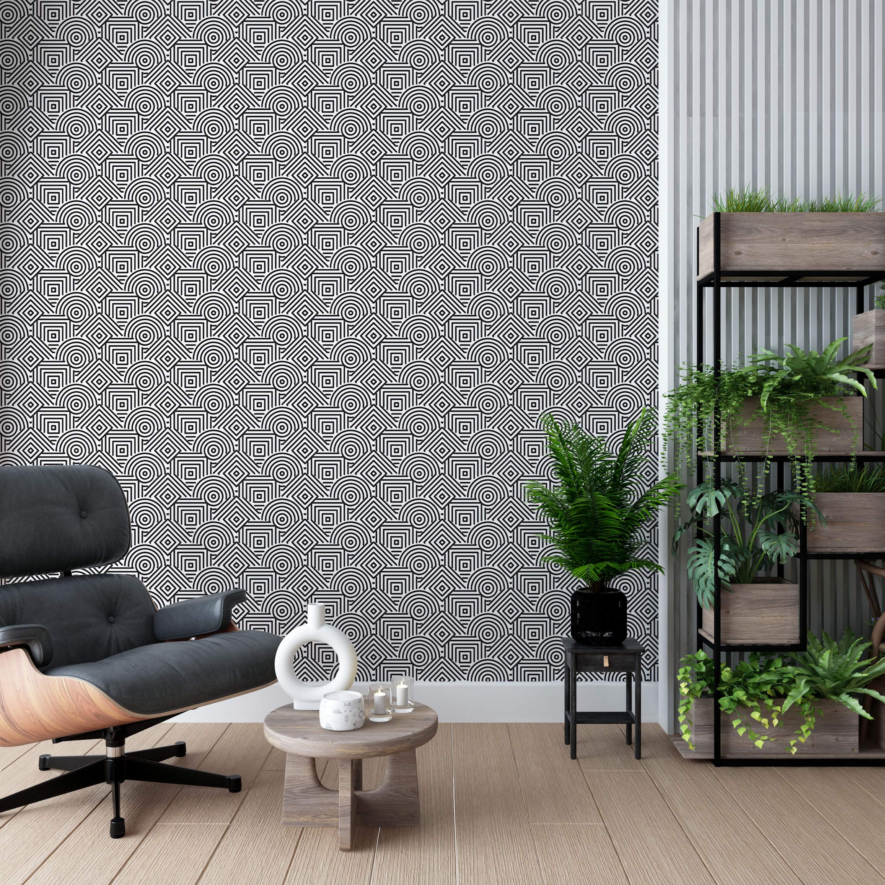 Geometric wallpaper with an intricate black and white pattern of interlocking concentric squares and quarter-circles.