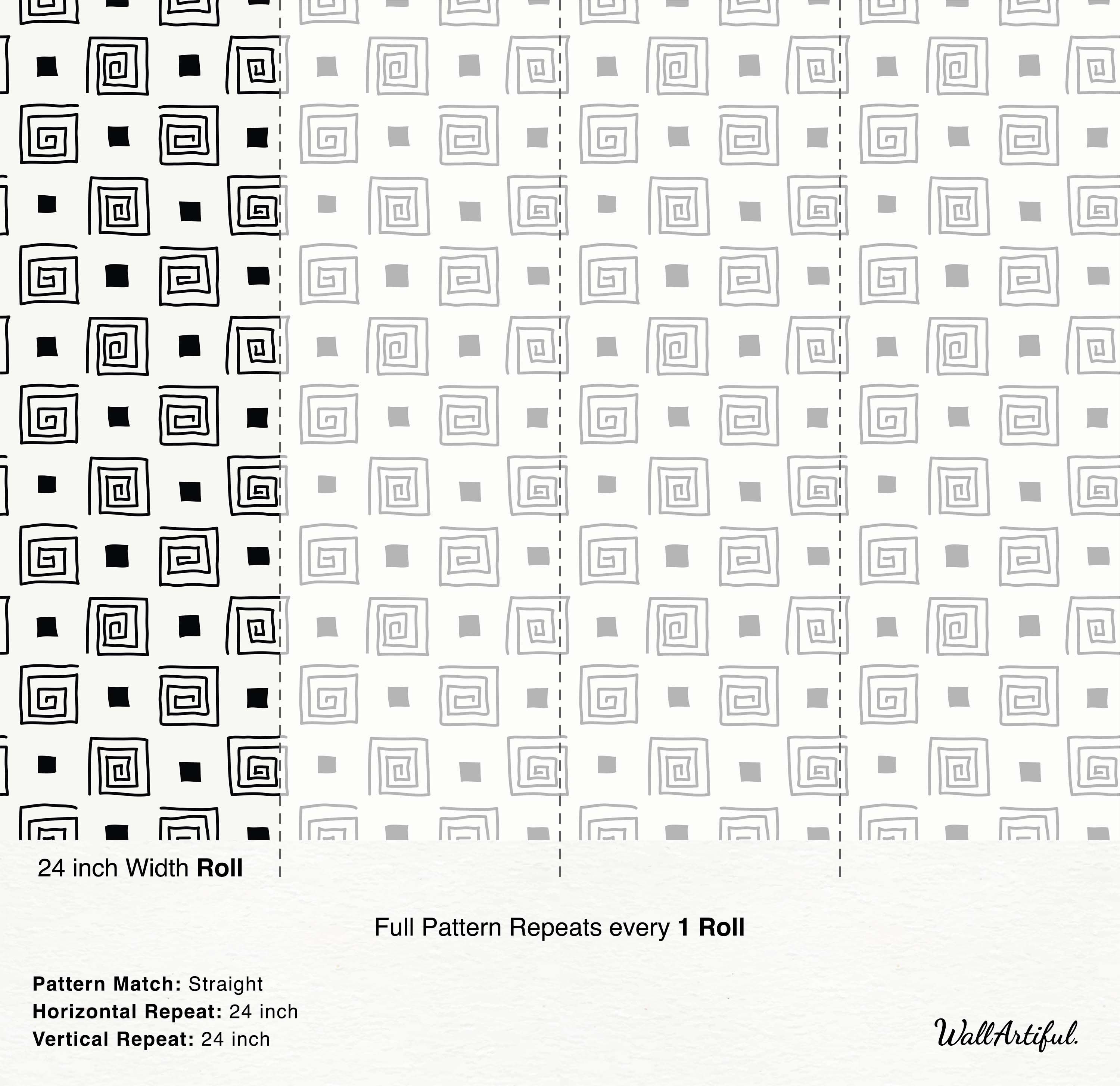 Geometric wallpaper with hand-drawn black square spirals and solid squares on white. Pattern also shown in light gray.