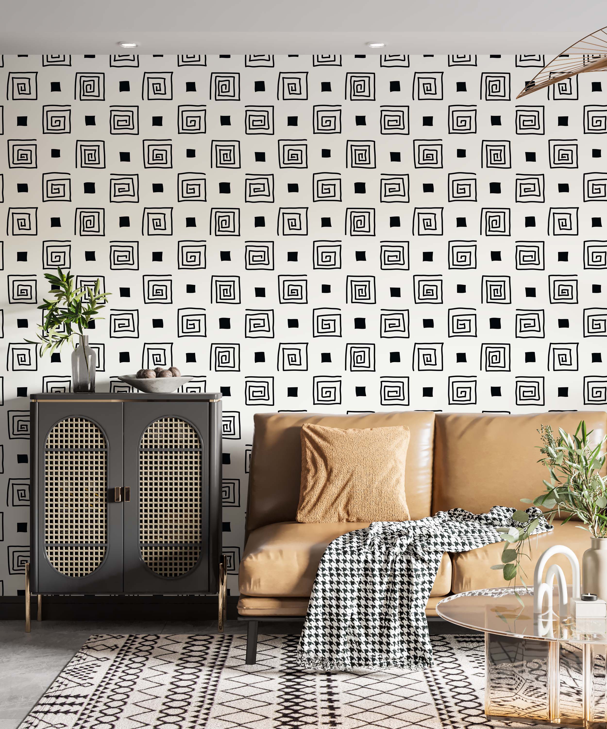 Wallpaper with a repeating pattern of hand-drawn black squares and spirals alternating on an off-white background.