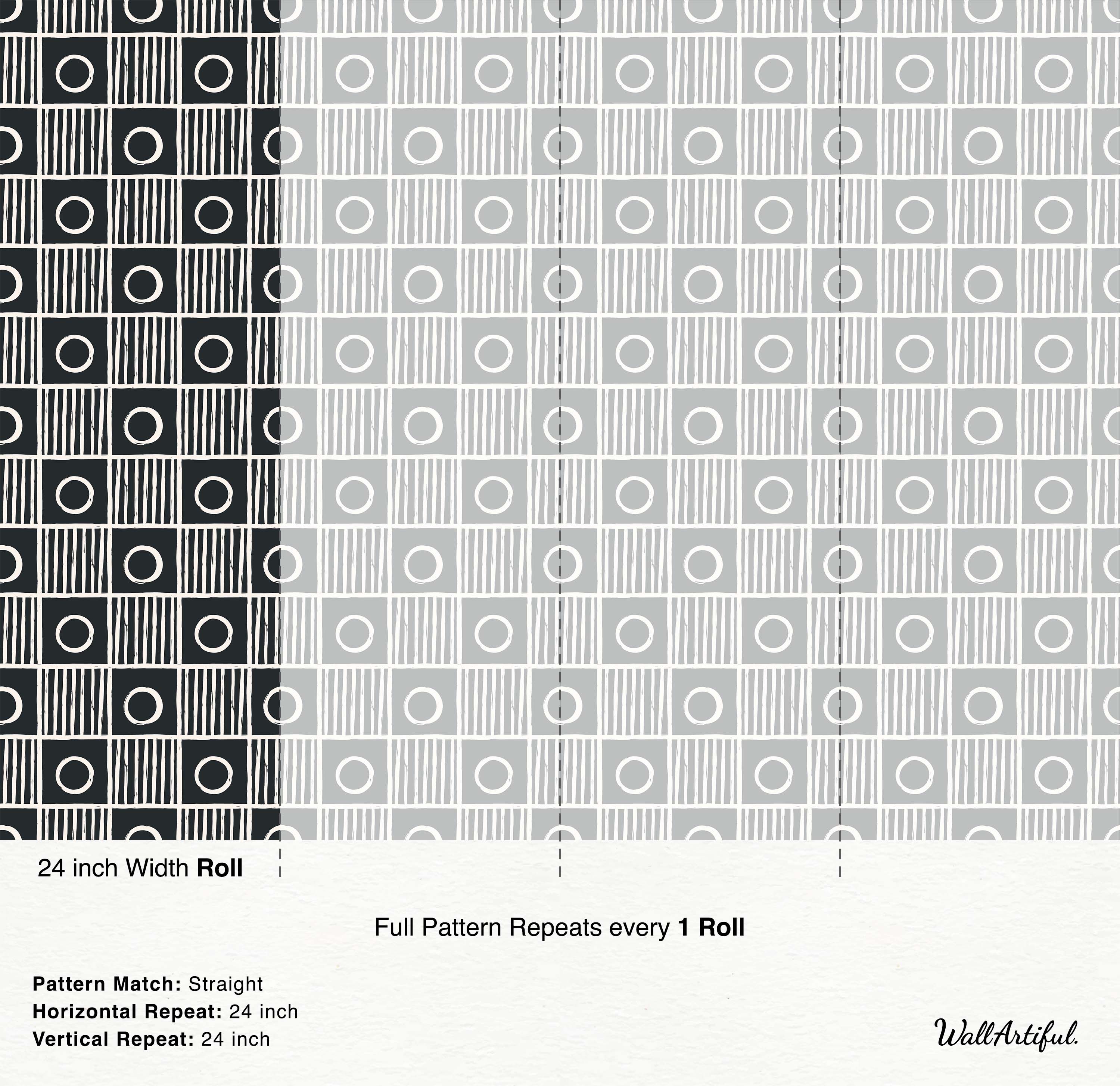Geometric wallpaper featuring a grid of alternating squares: solid black with white circles and light gray with white vertical lines and circles.