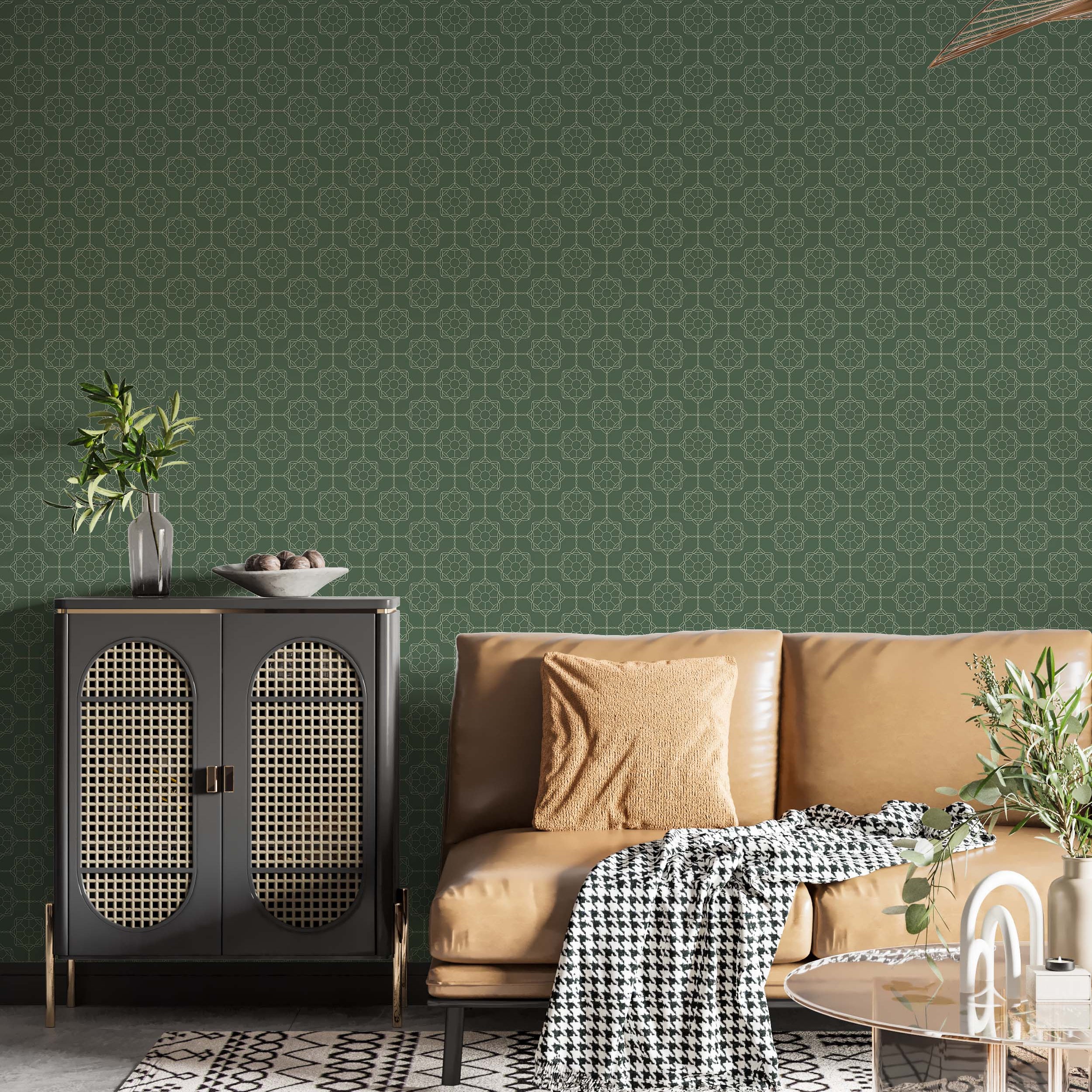 Geometric wallpaper with an intricate pattern of interconnected star shapes in light cream lines on a dark green background.