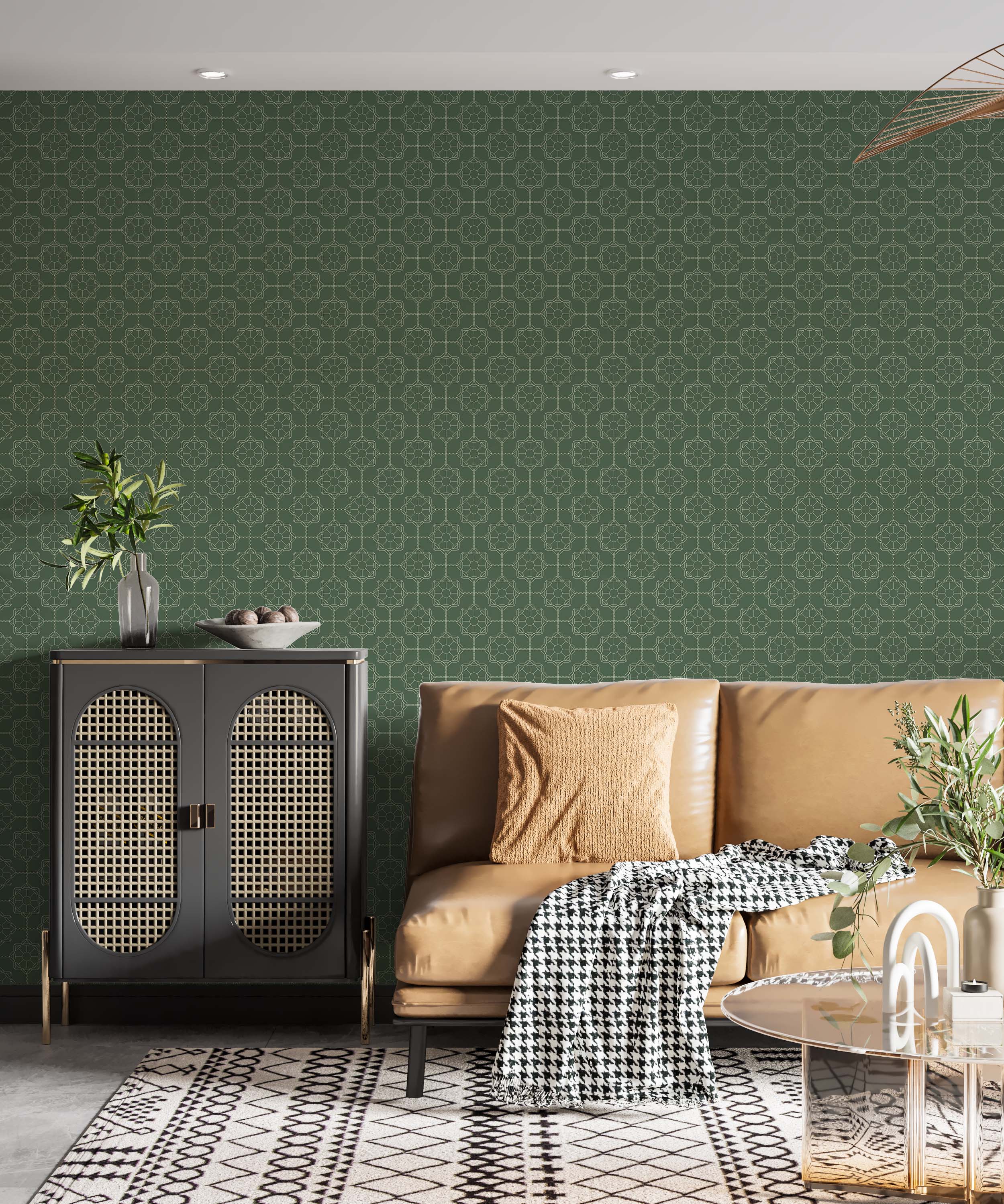 Geometric wallpaper with an intricate pattern of interconnected star shapes in light cream lines on a dark green background.