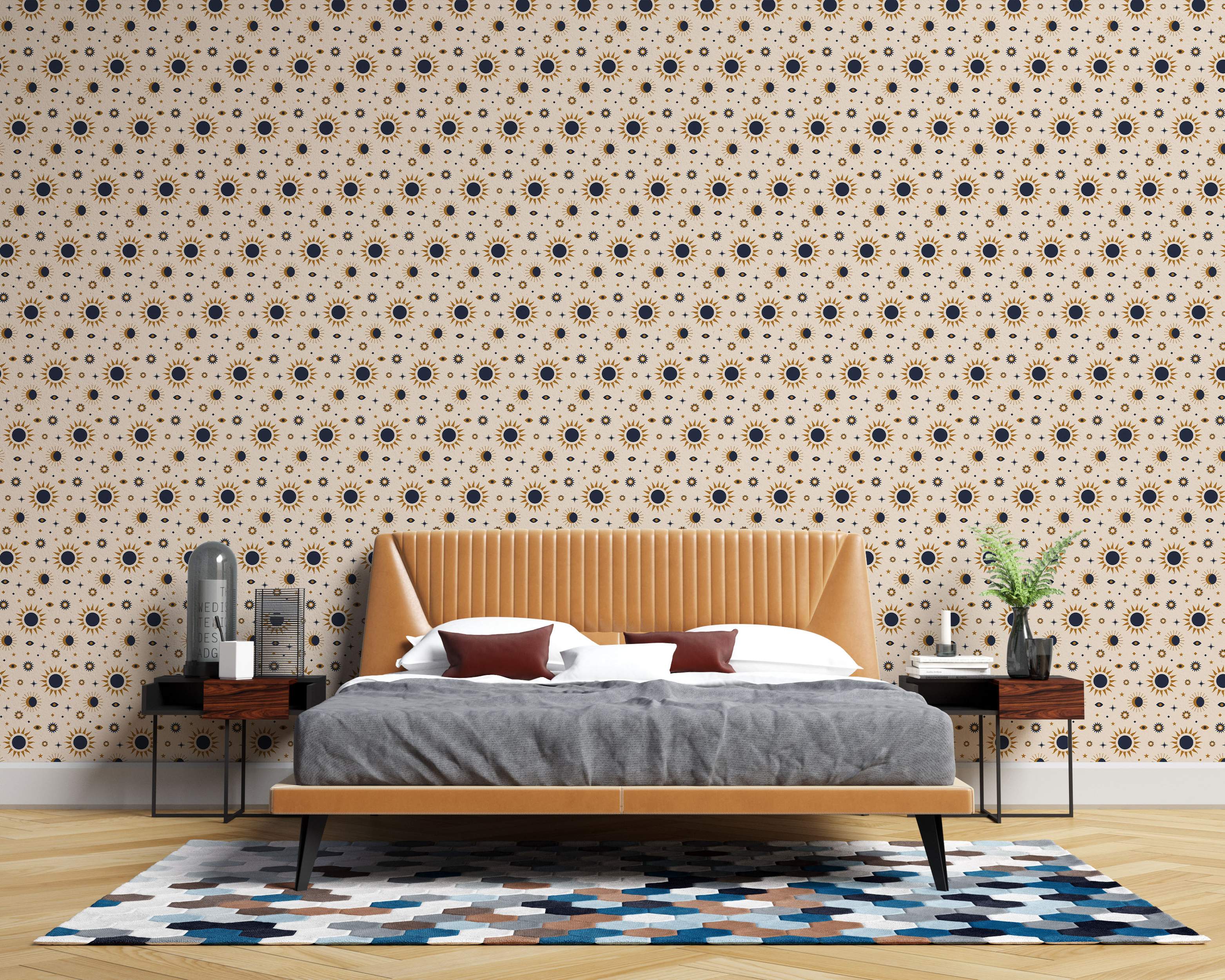 Geometric starburst pattern wallpaper in blue and orange.