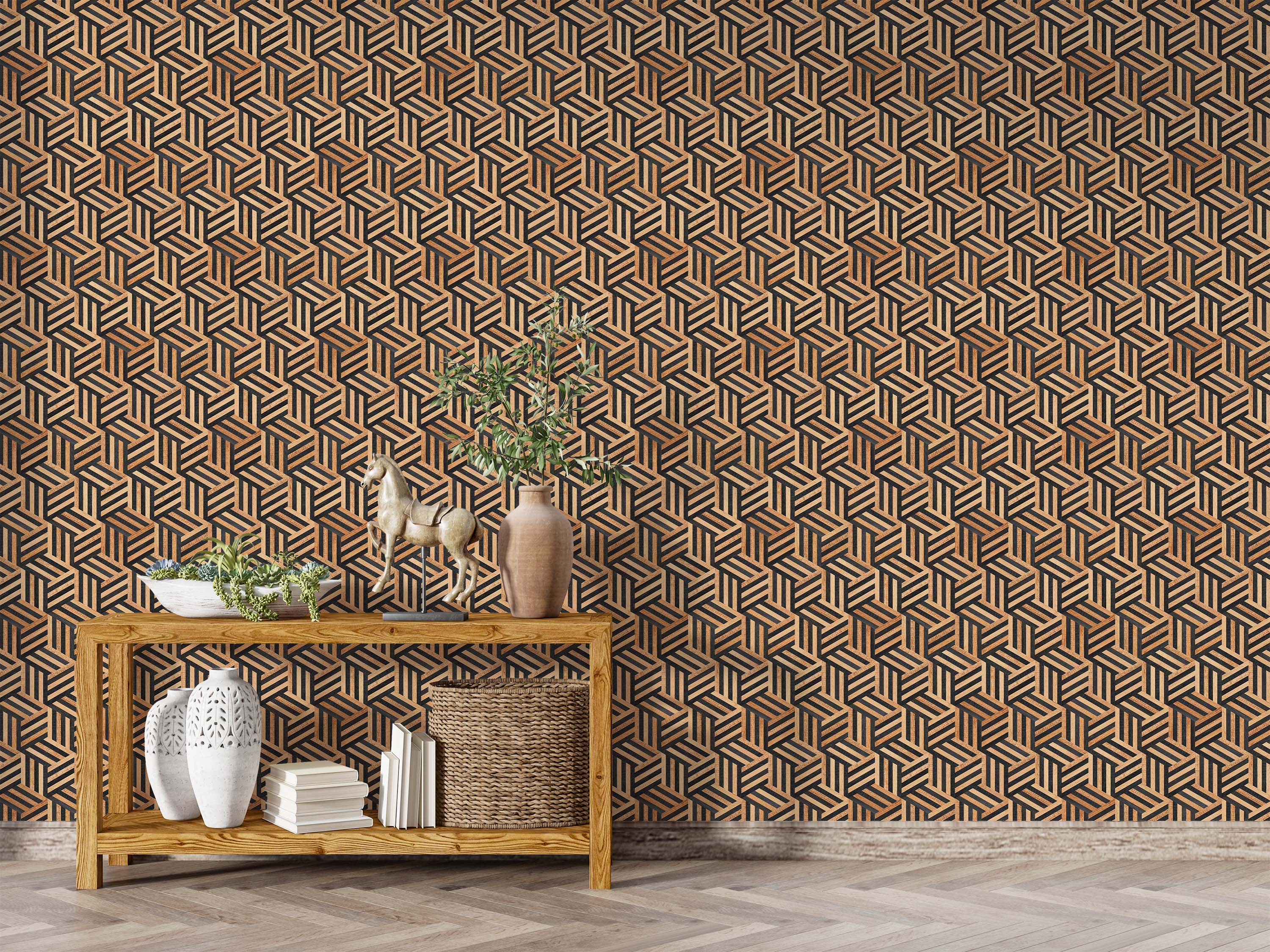 Wallpaper with a geometric pattern of striped brown and black cubes, creating a 3D optical illusion.