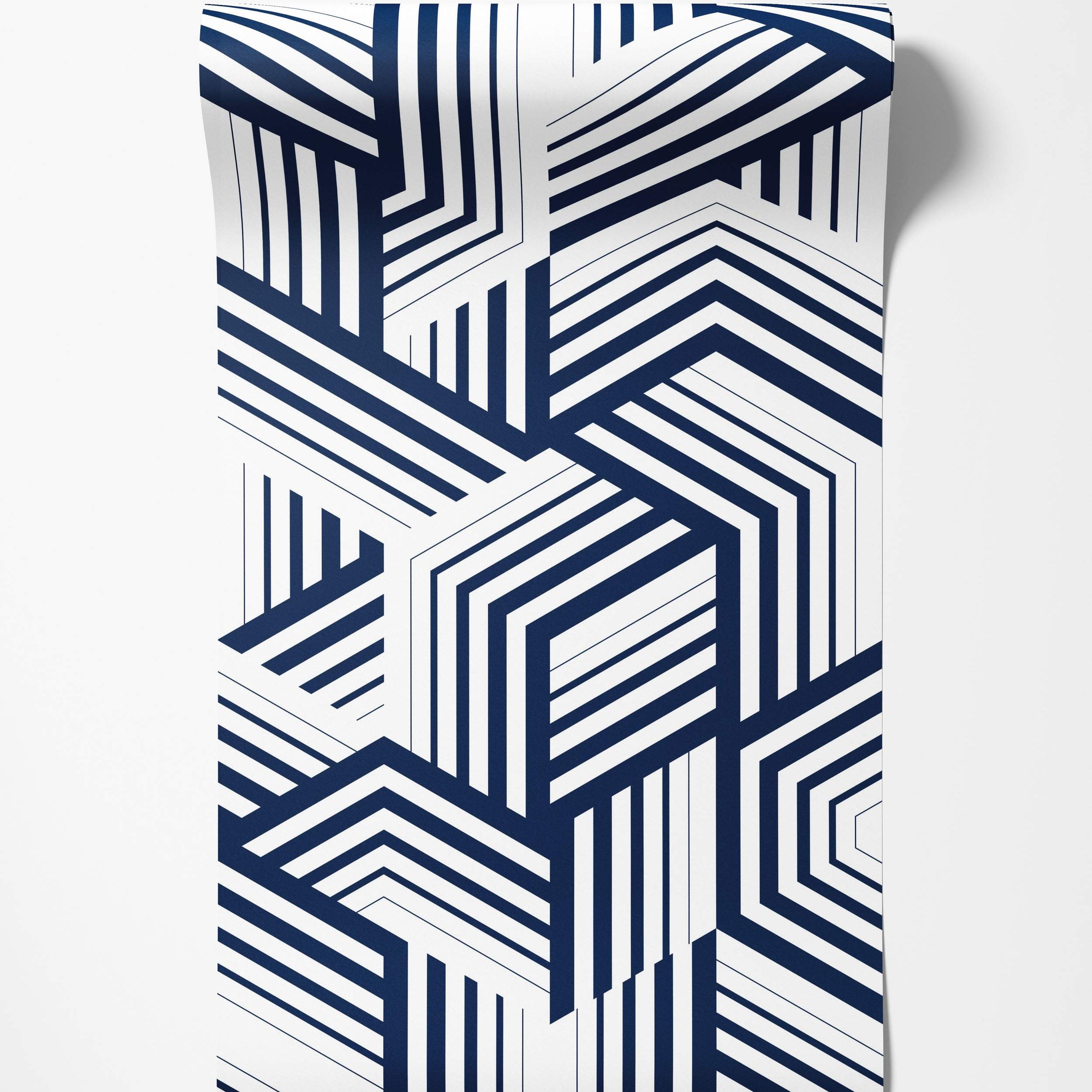 Abstract geometric wallpaper featuring interlocking shapes composed of navy blue and white stripes oriented in various directions.