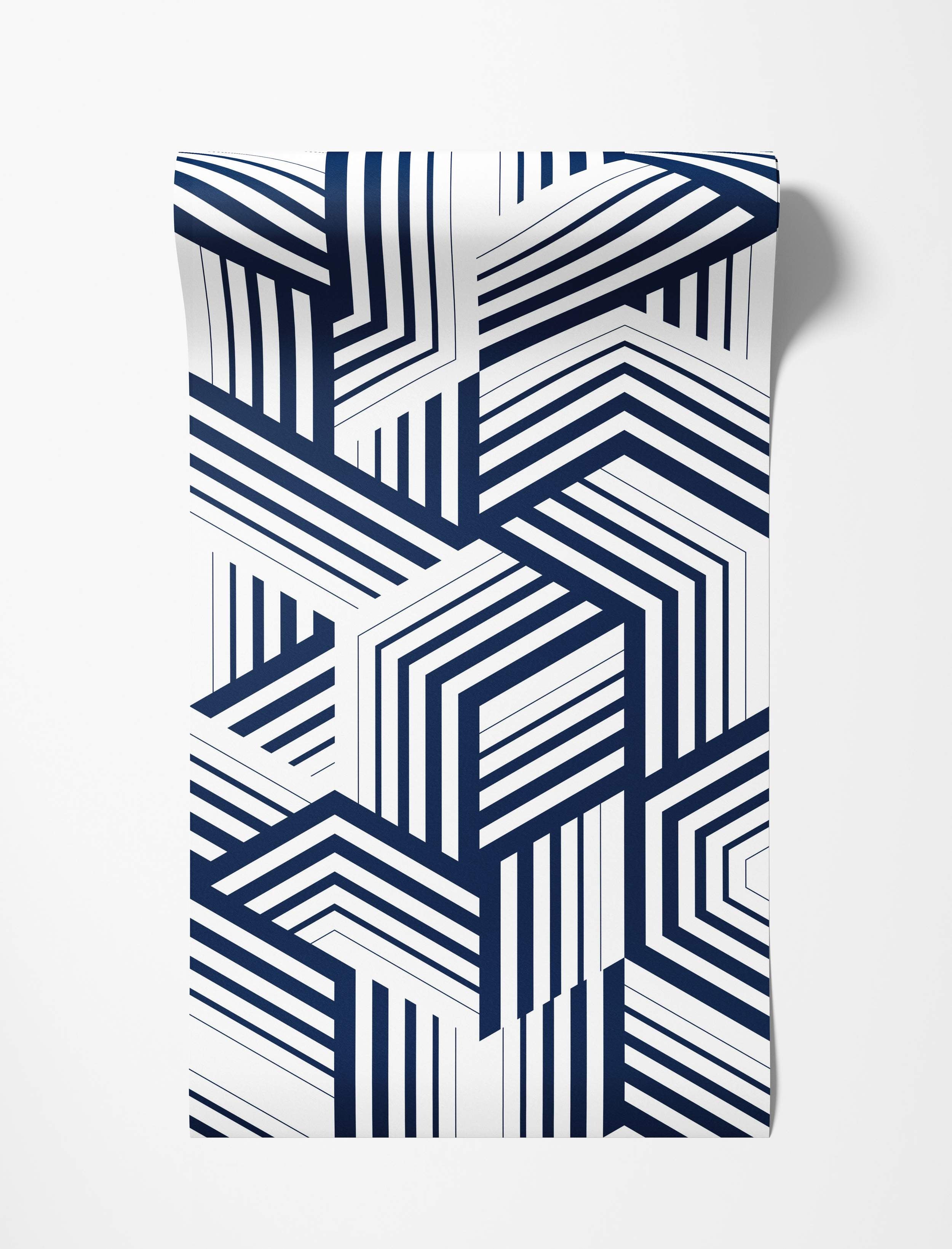 Abstract geometric wallpaper featuring interlocking shapes composed of navy blue and white stripes oriented in various directions.