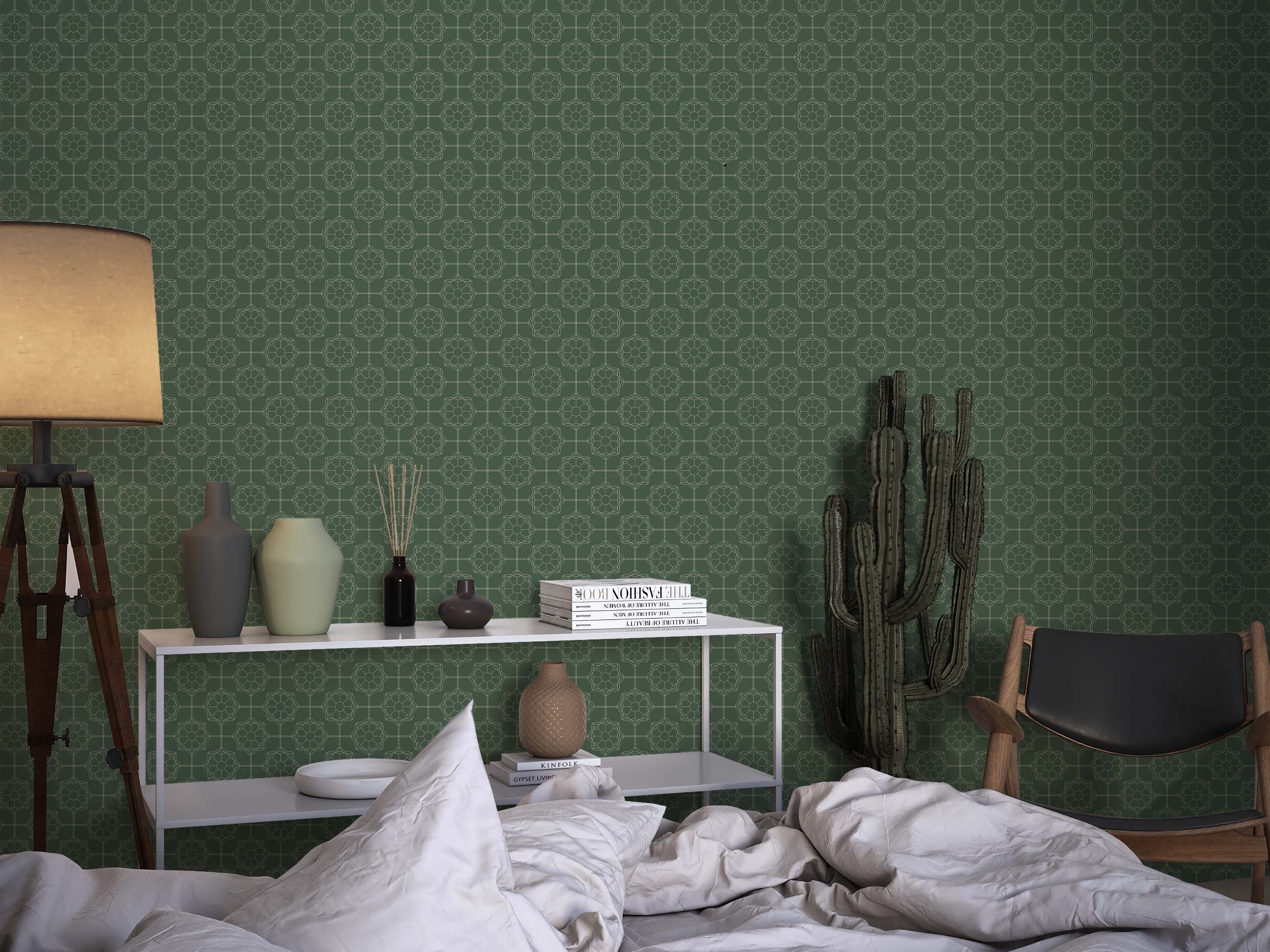 A geometric wallpaper with an intricate, light green lattice pattern of repeating star-like shapes on a dark green background.