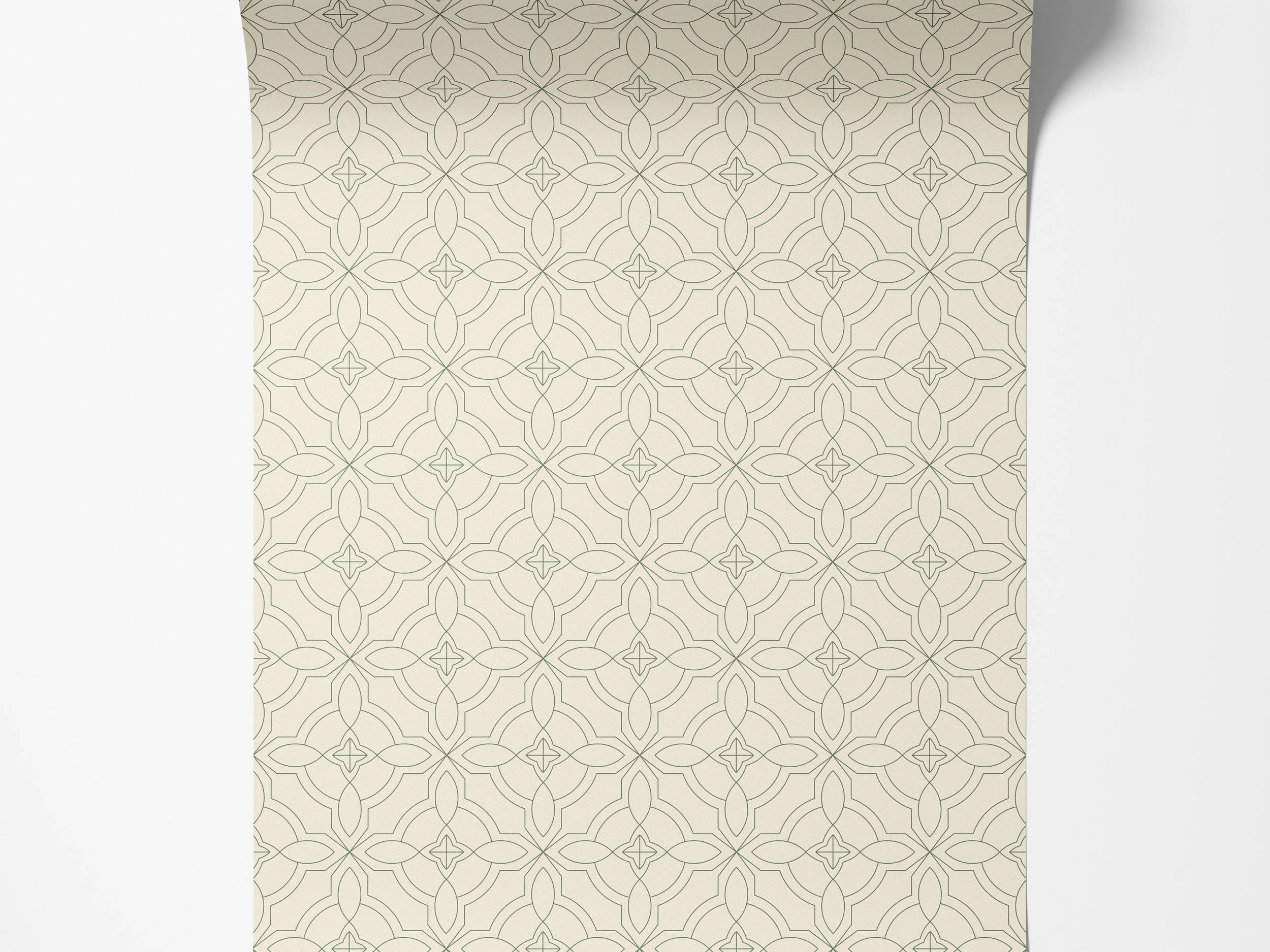 A geometric wallpaper with a dark green trellis pattern of interlocking circles and ovals on a cream background.