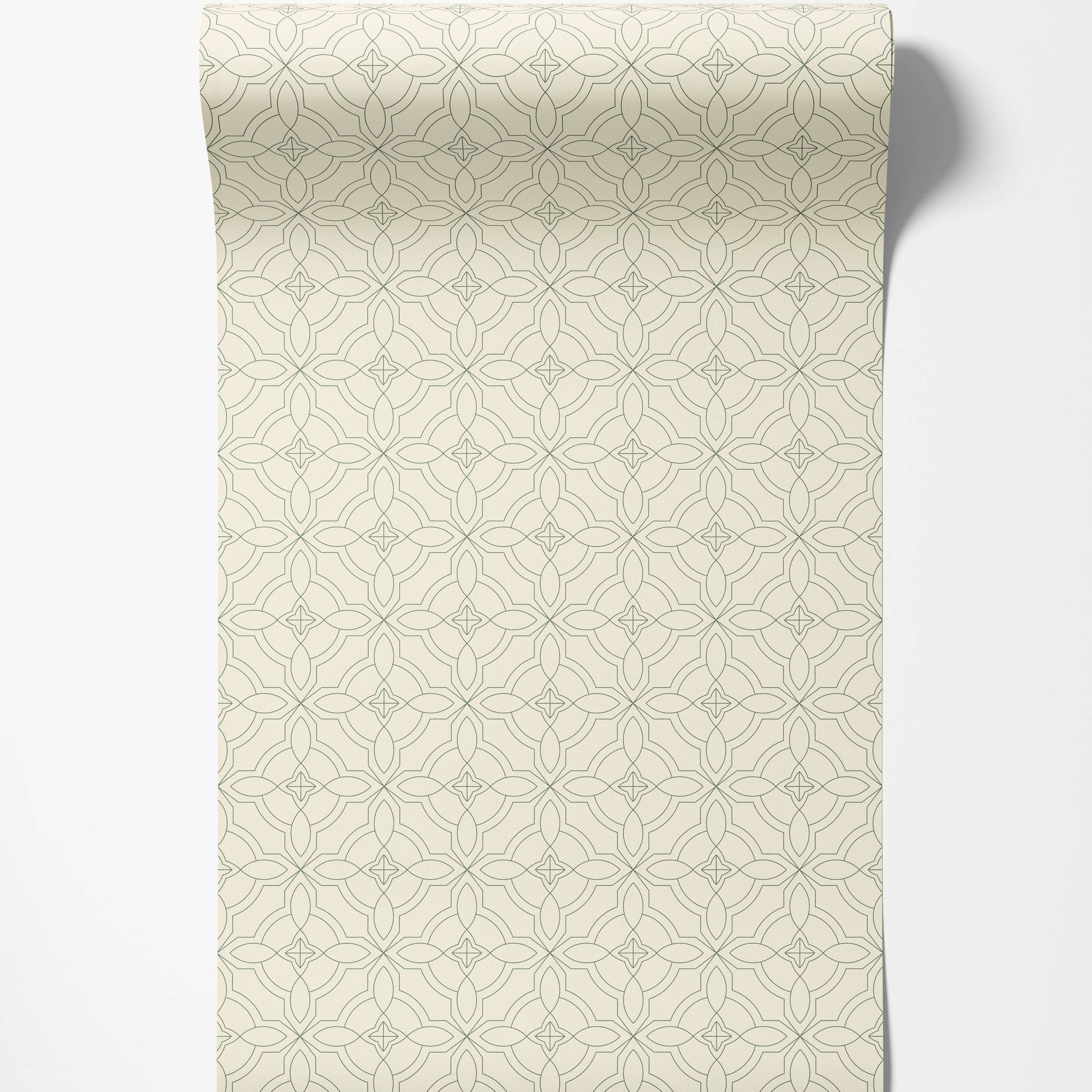A geometric wallpaper with a dark green trellis pattern of interlocking circles and ovals on a cream background.