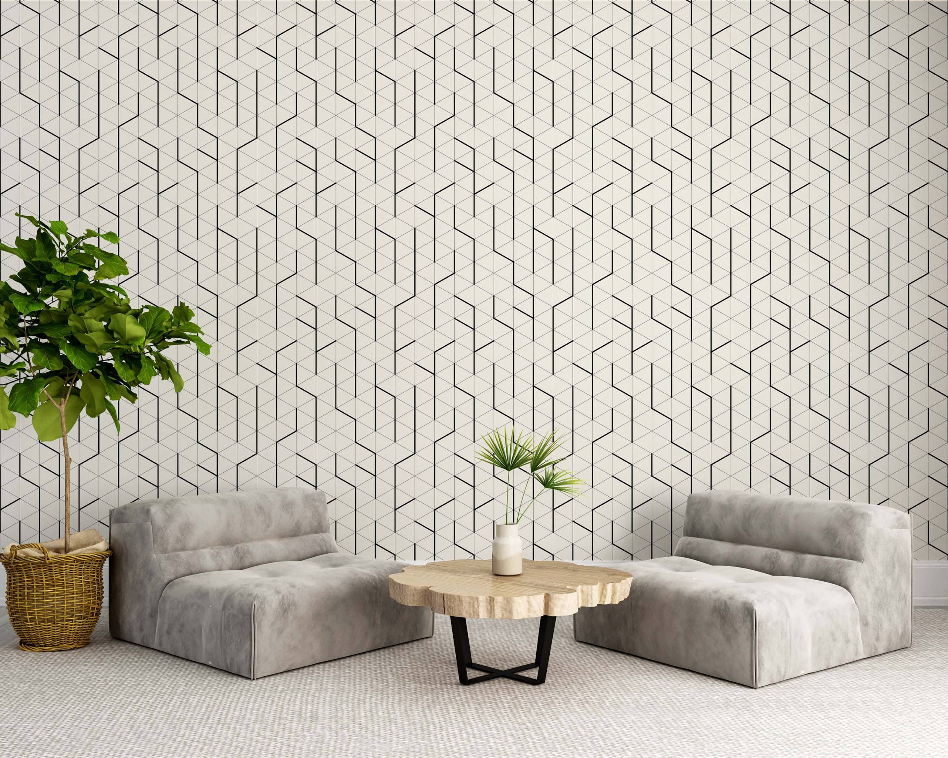 Geometric wallpaper featuring thin black lines forming interconnected triangles and shapes on a light cream background.