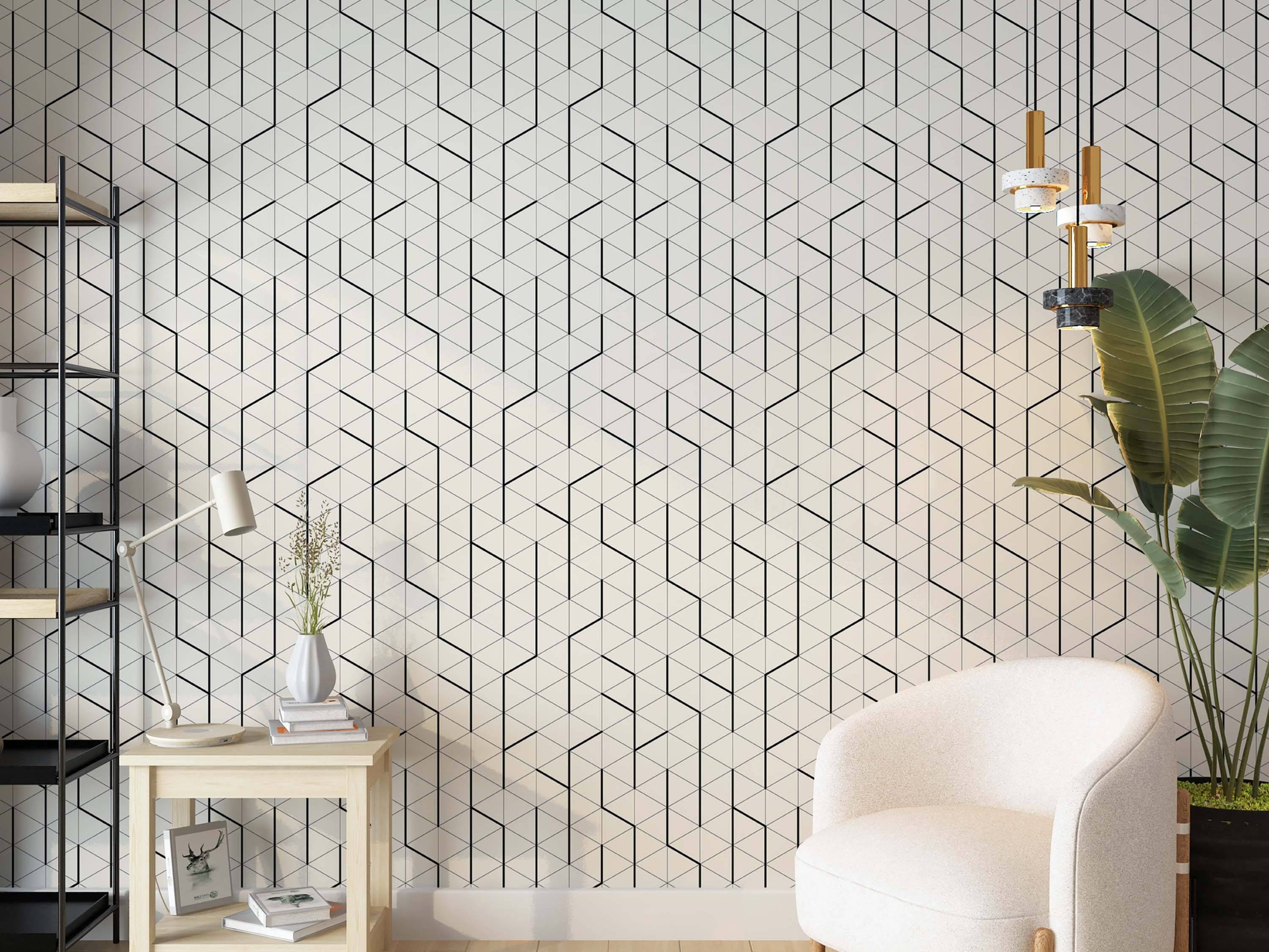 Geometric wallpaper featuring a repeating pattern of triangles outlined in black, forming isometric cube shapes on an off-white background.