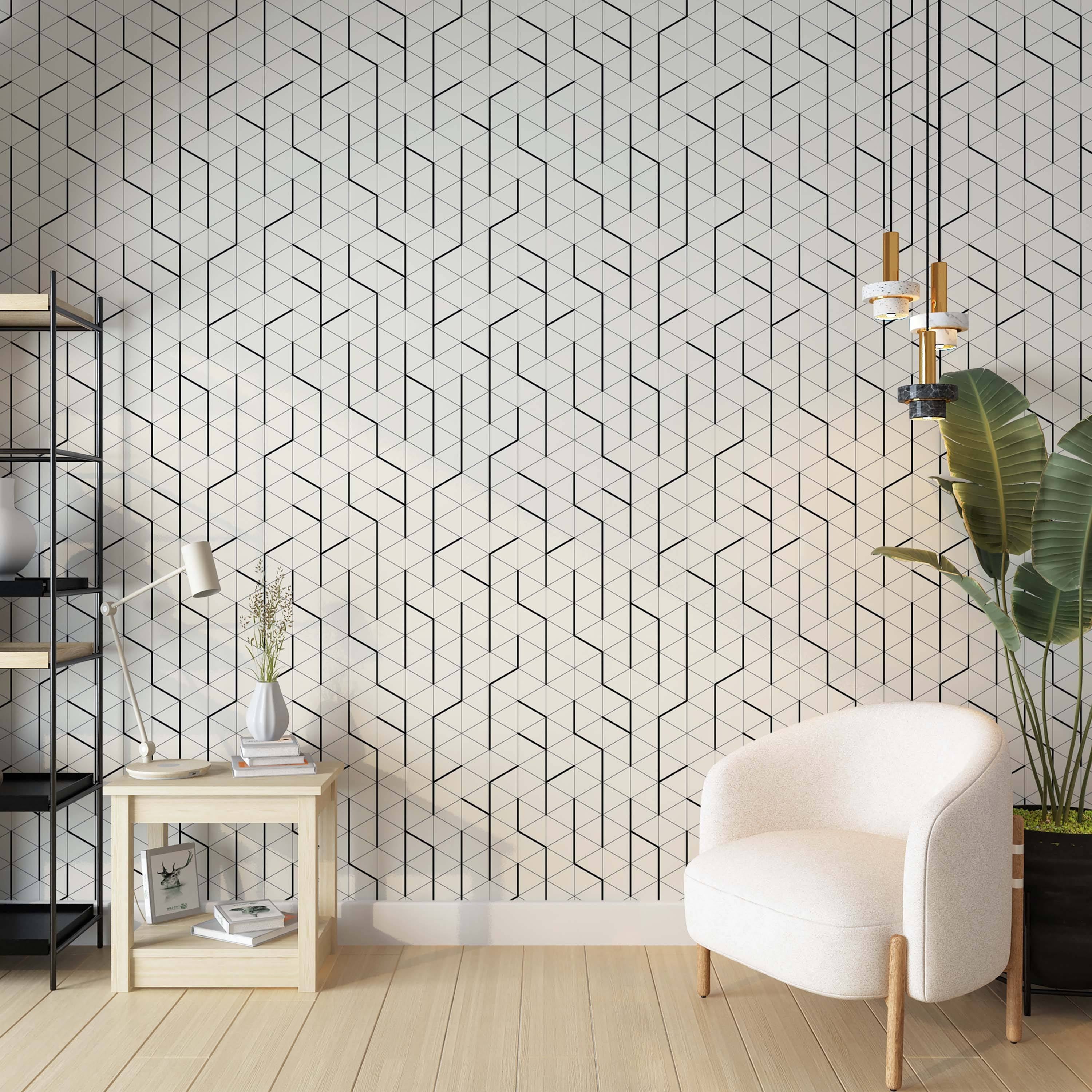 Geometric wallpaper featuring a repeating pattern of triangles outlined in black, forming isometric cube shapes on an off-white background.