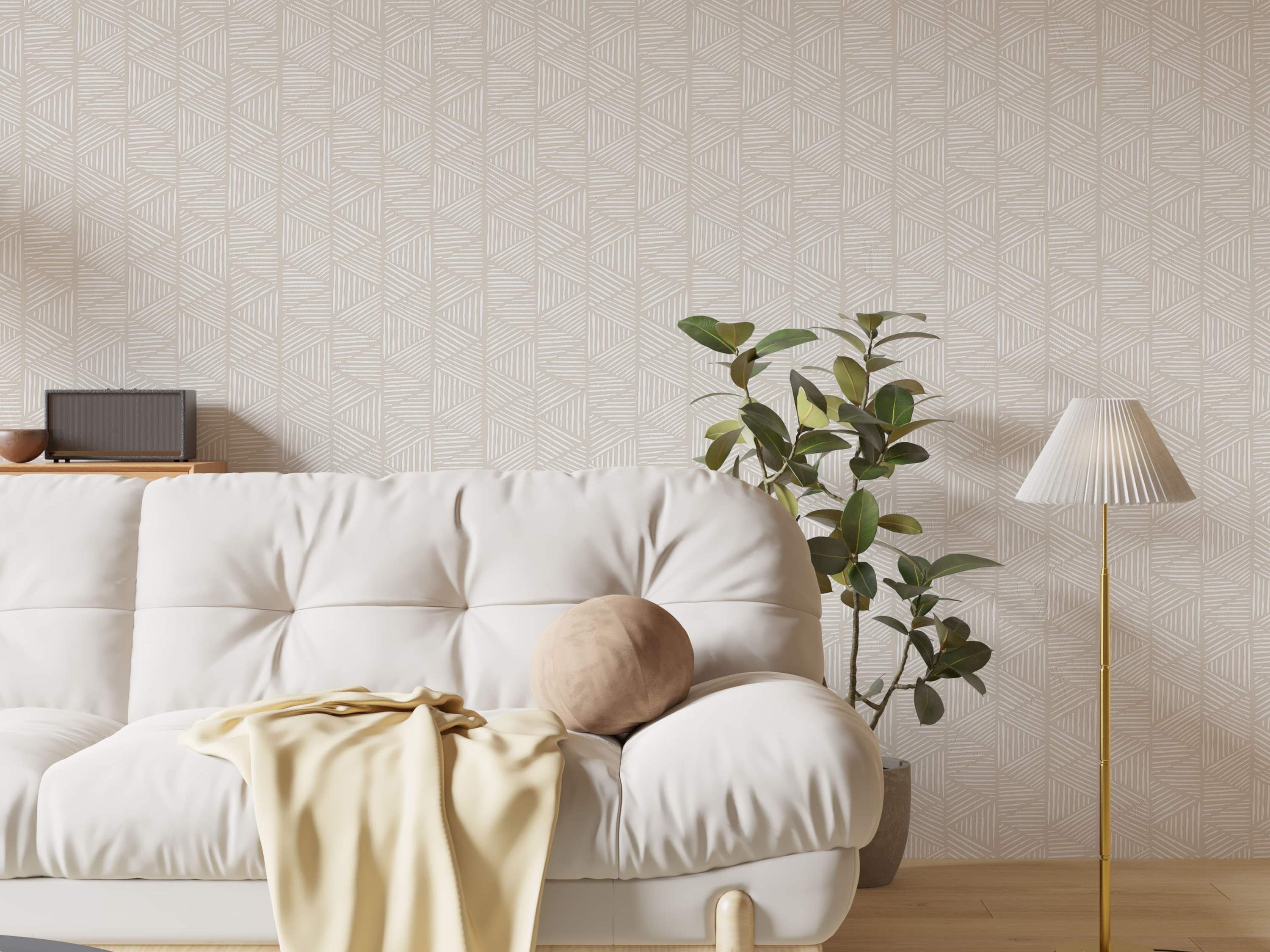 Geometric wallpaper featuring sketched off-white lines forming triangles on a light beige background.
