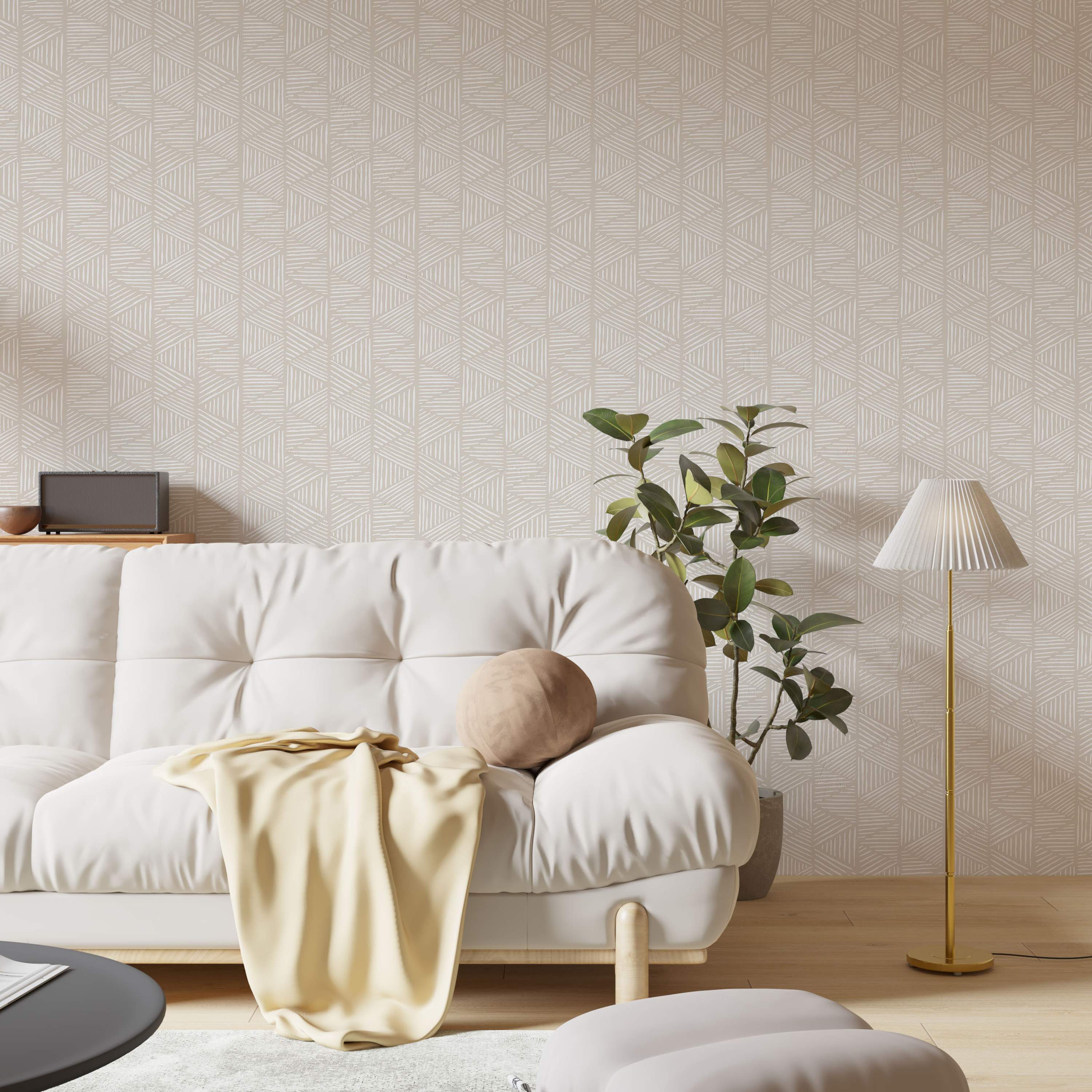 Geometric wallpaper featuring sketched off-white lines forming triangles on a light beige background.