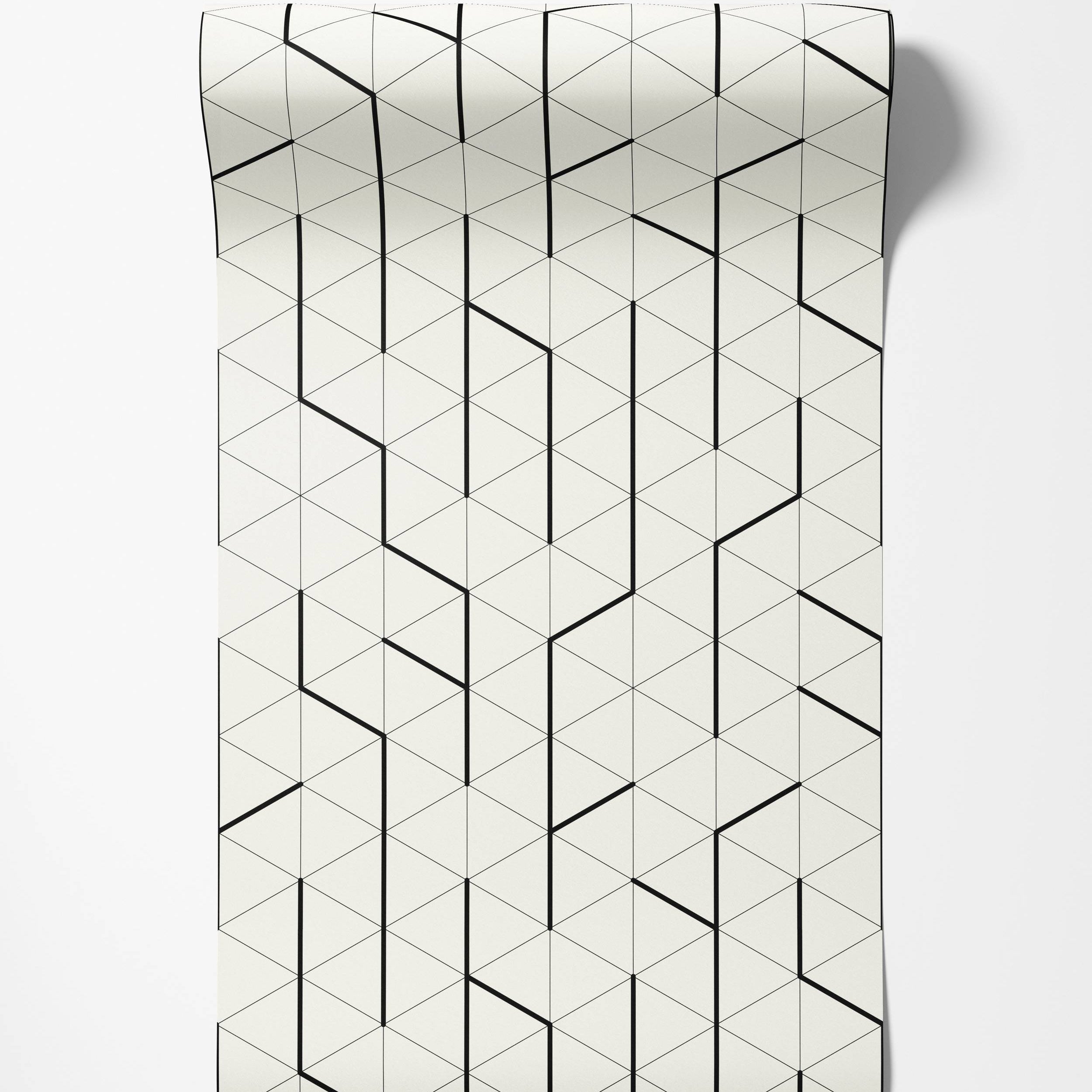 Geometric wallpaper featuring bold black lines forming angular shapes over a fine triangle grid on a cream background.