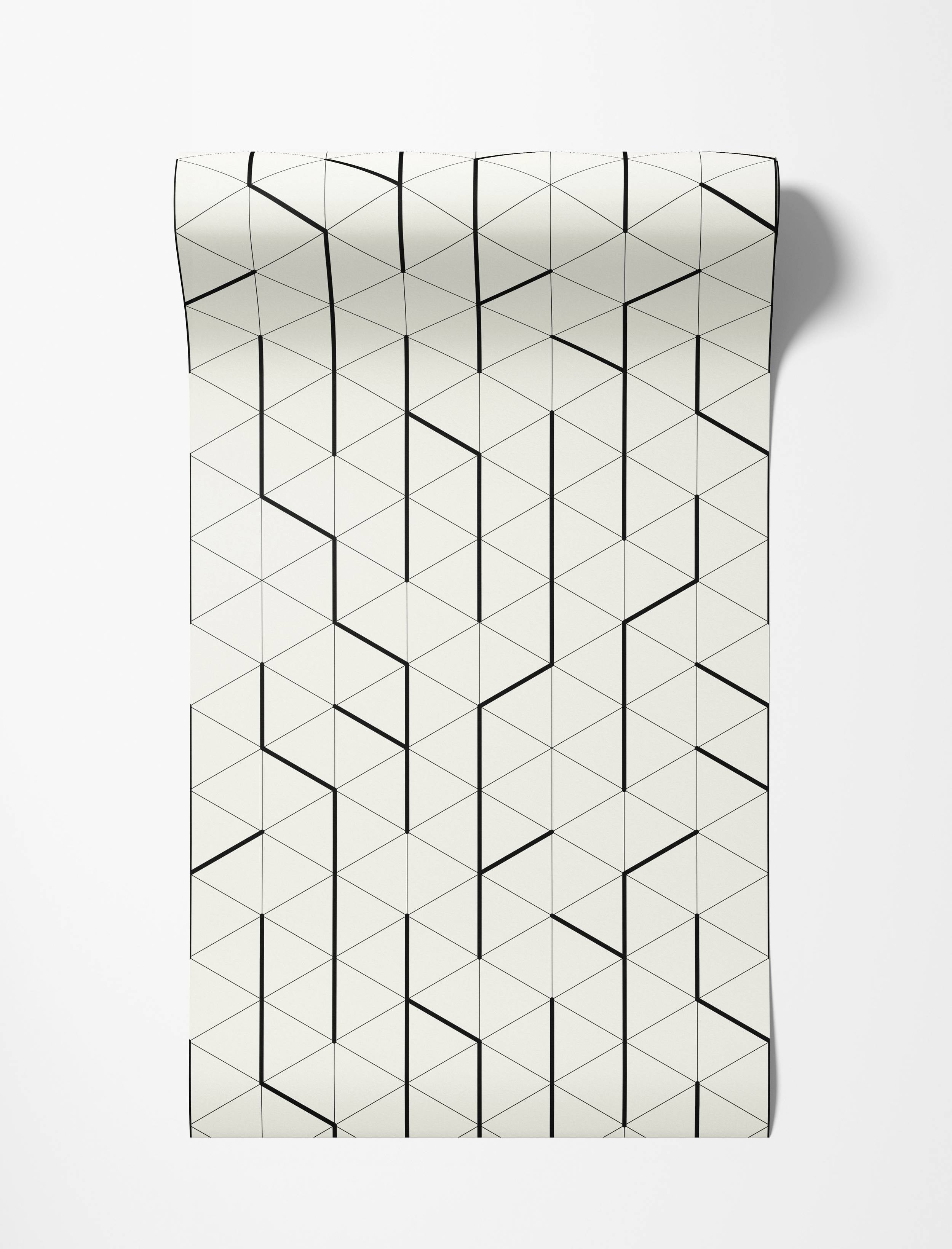 Geometric wallpaper featuring bold black lines forming angular shapes over a fine triangle grid on a cream background.