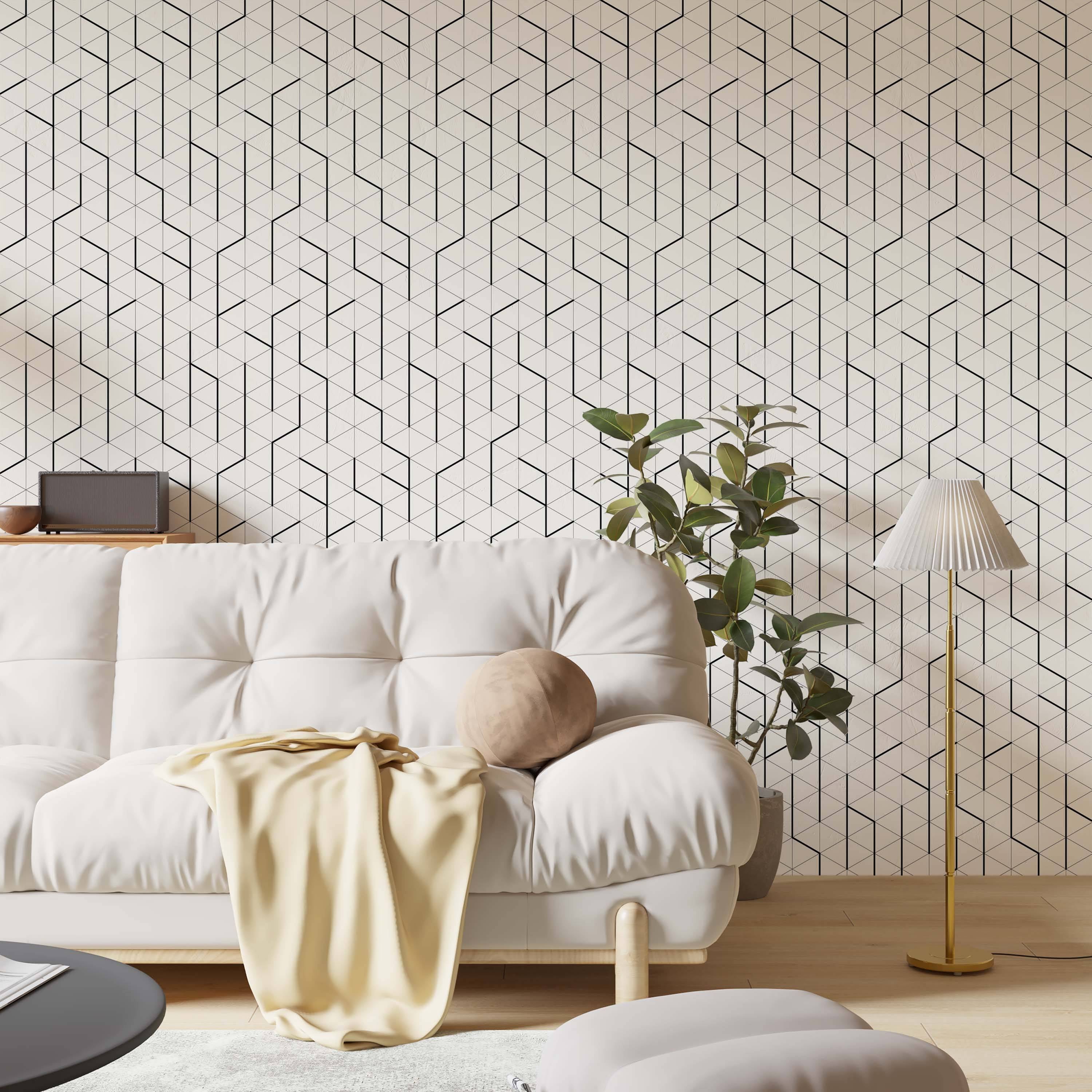 Geometric wallpaper featuring a grid of thin black triangles with thicker black lines creating a 3D effect on an off-white background.