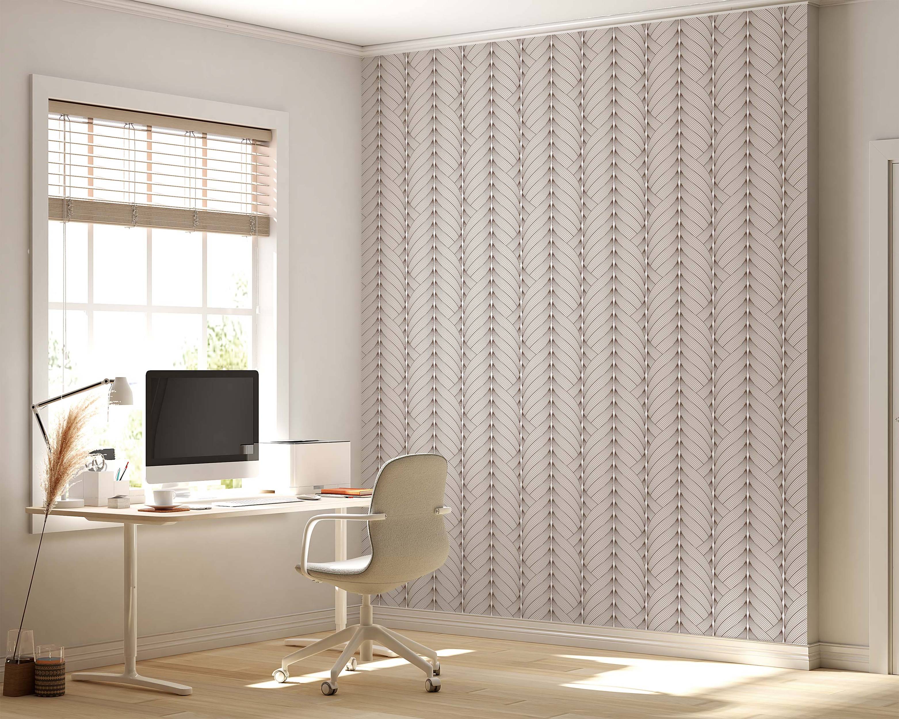 Wallpaper featuring vertical columns of abstract, braided patterns formed by fine brown lines on a light beige background.