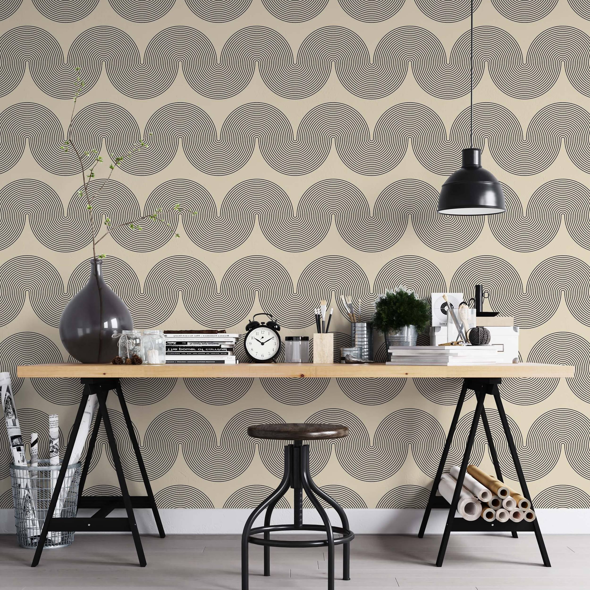Wallpaper featuring a geometric pattern of repeating horizontal waves composed of fine black concentric lines on a beige background.