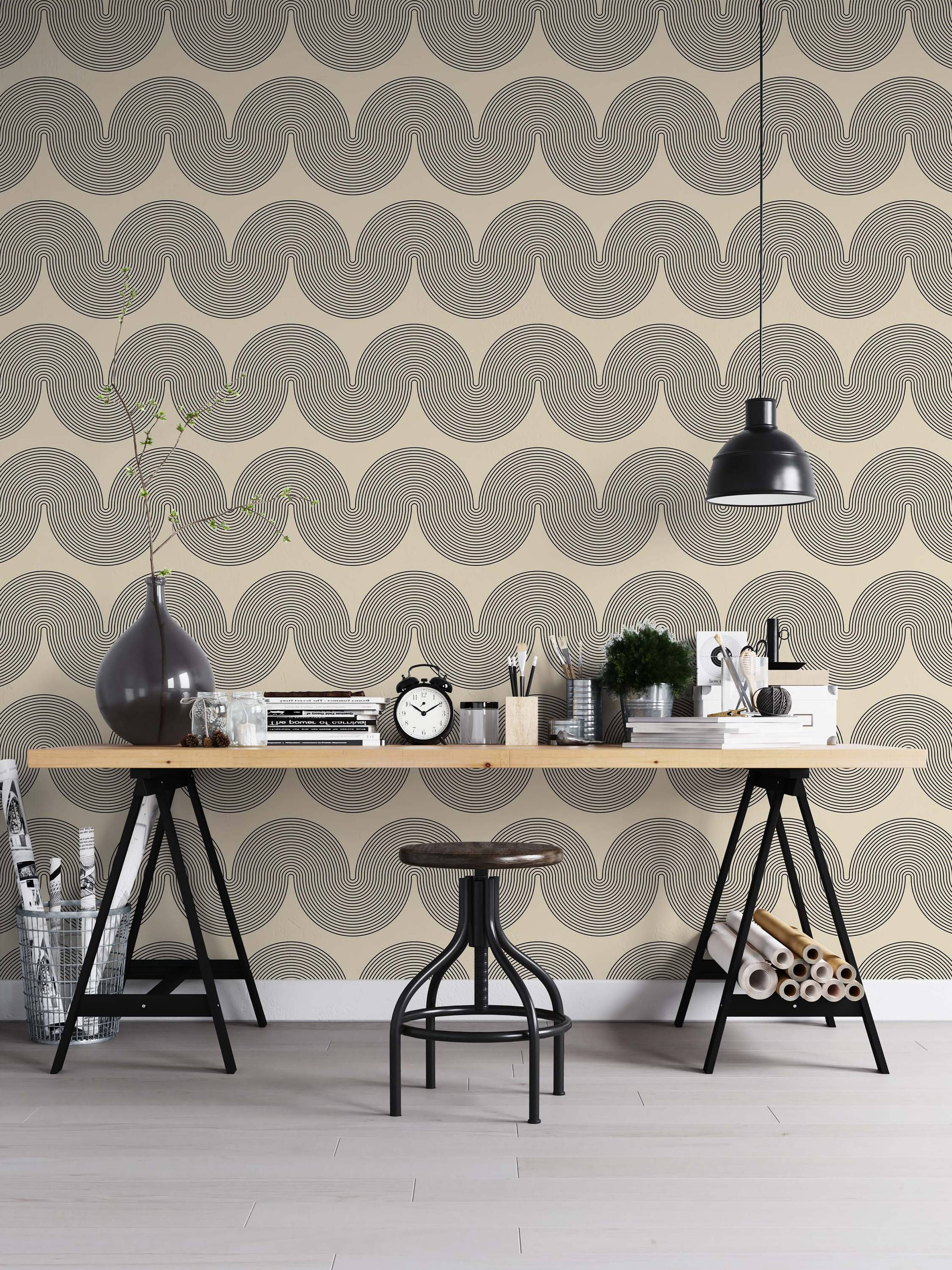 Wallpaper featuring a geometric pattern of repeating horizontal waves composed of fine black concentric lines on a beige background.