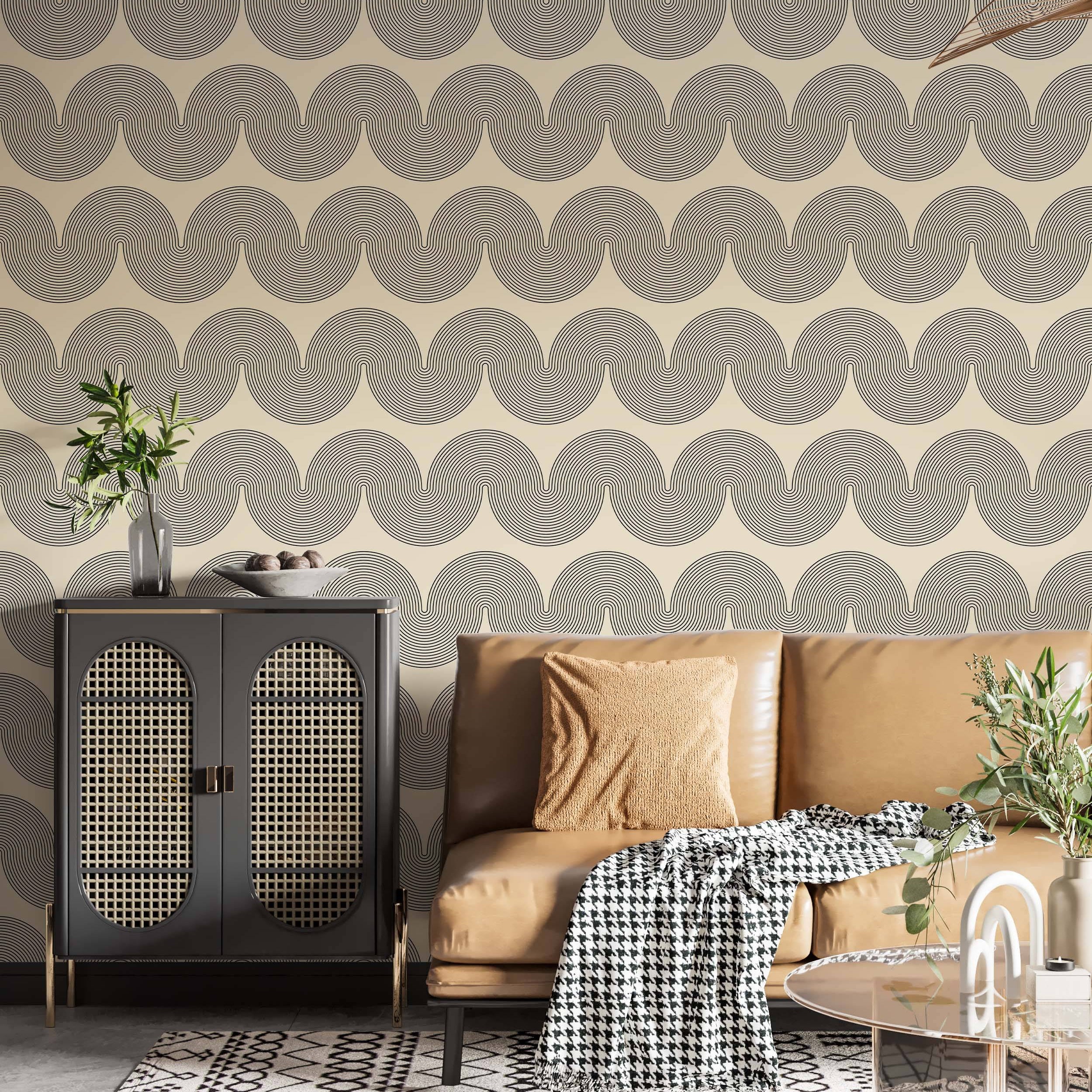 Wallpaper displaying a geometric wave pattern composed of fine black concentric lines against a pale beige field.