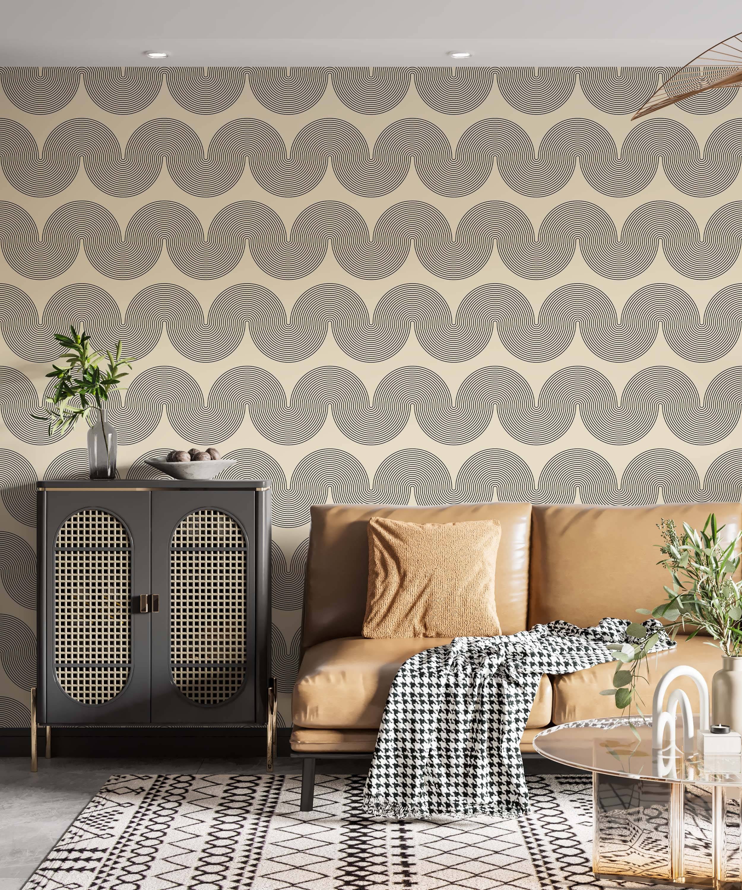 Wallpaper displaying a geometric wave pattern composed of fine black concentric lines against a pale beige field.