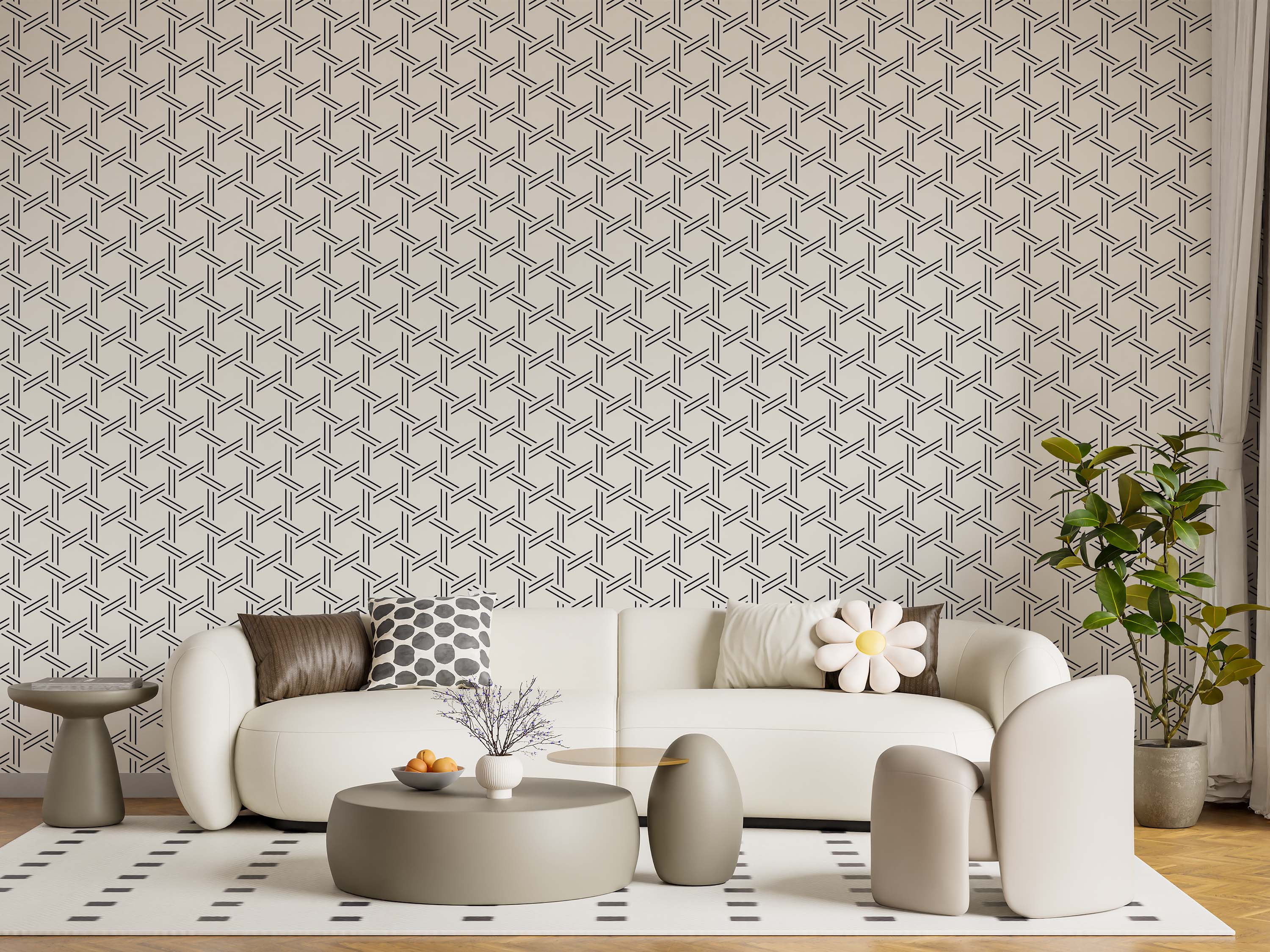 Geometric wallpaper featuring a repeating lattice pattern of thin black double lines intersecting on a light beige background.