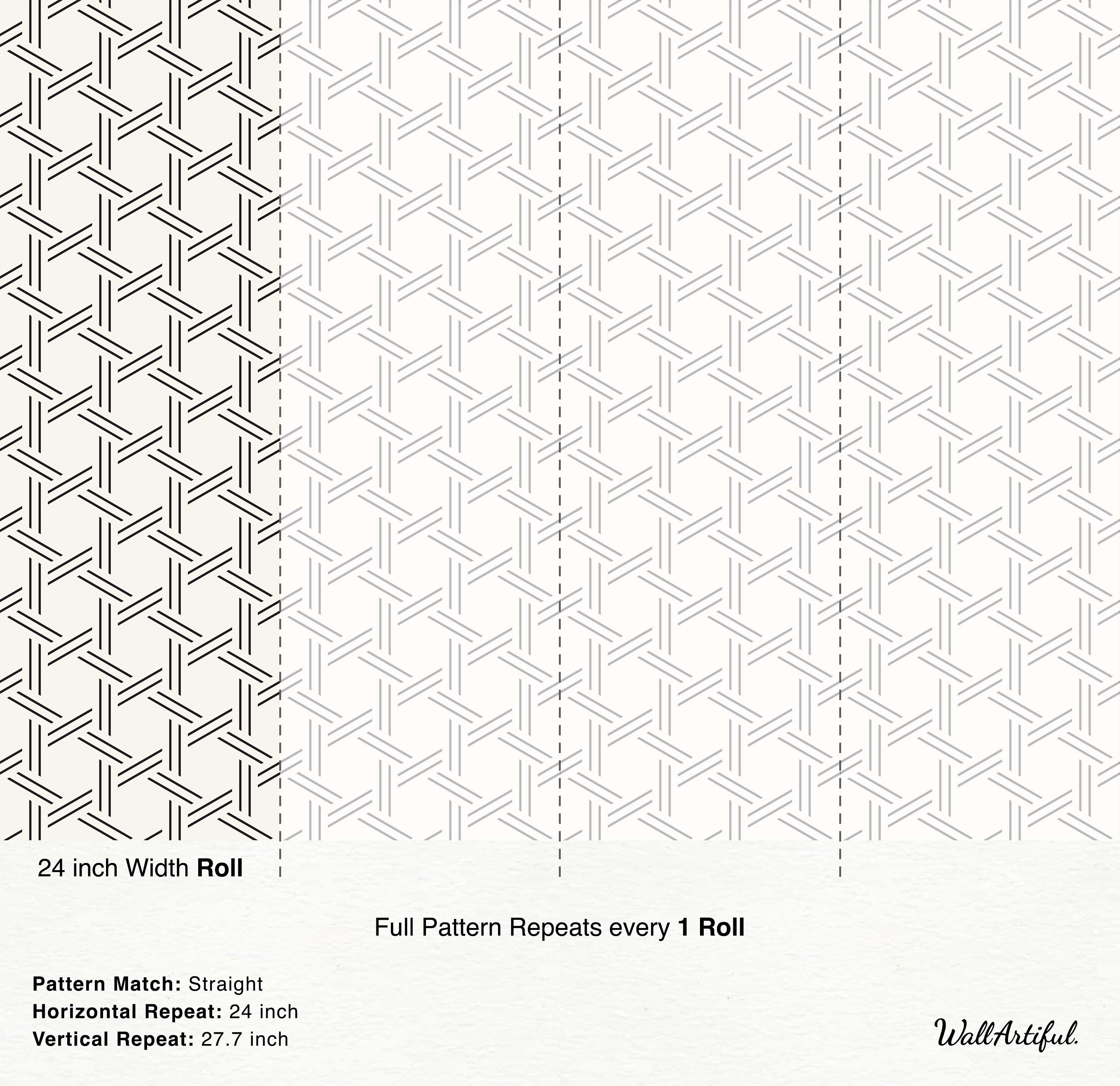 Geometric wallpaper featuring interlocking hexagonal weave pattern in black double lines on an off-white background.
