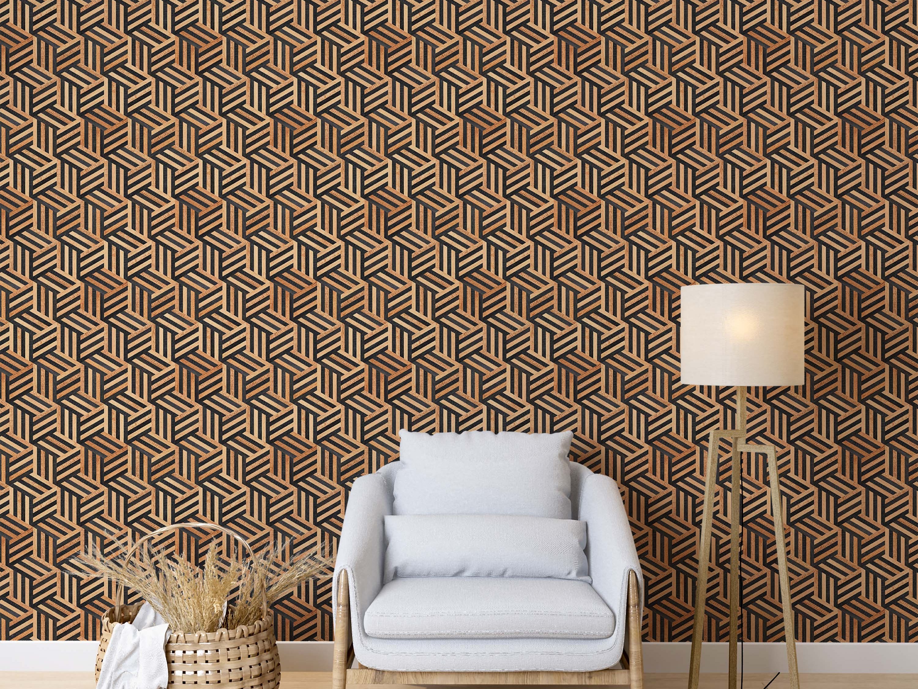 Geometric wallpaper featuring a repeating pattern of brown wood grain and black stripes, creating an illusion of 3D cubes.