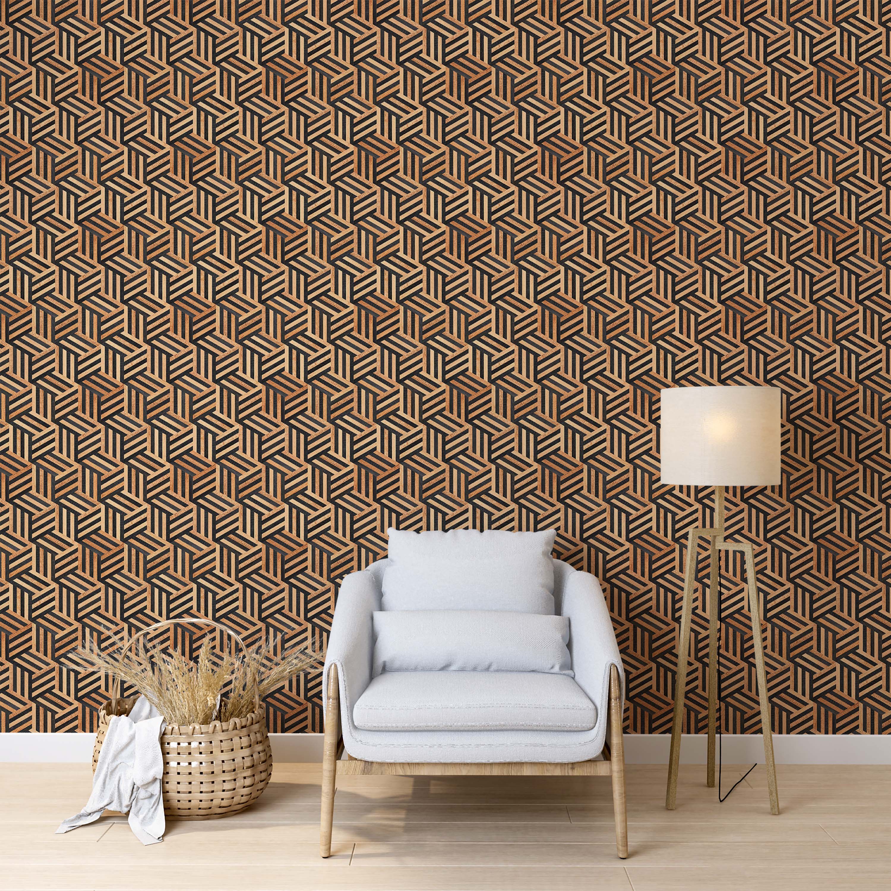 Geometric wallpaper featuring a repeating pattern of brown wood grain and black stripes, creating an illusion of 3D cubes.