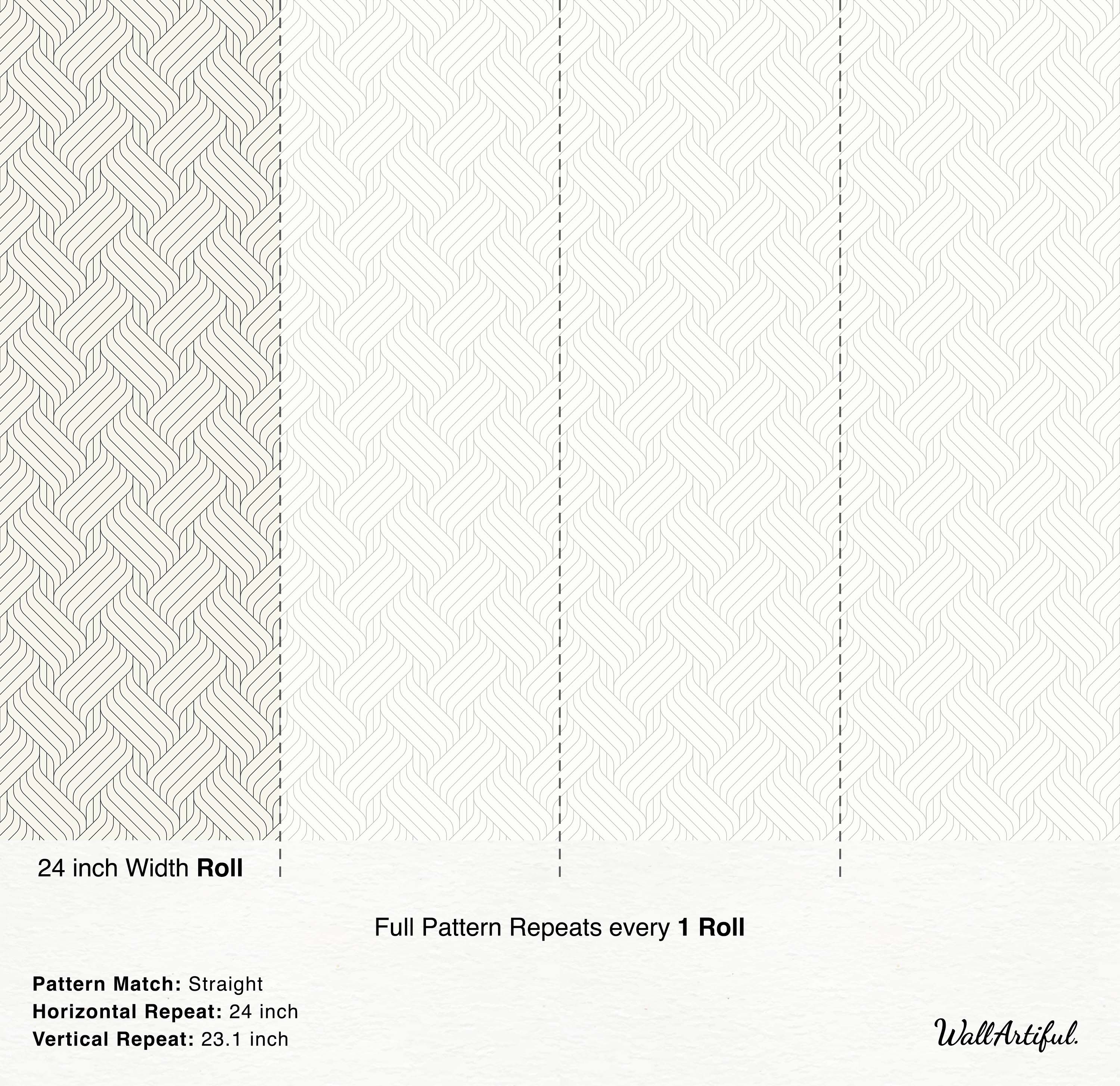 Wallpaper featuring a geometric pattern of interwoven thin gray lines forming a braided design on a cream background.