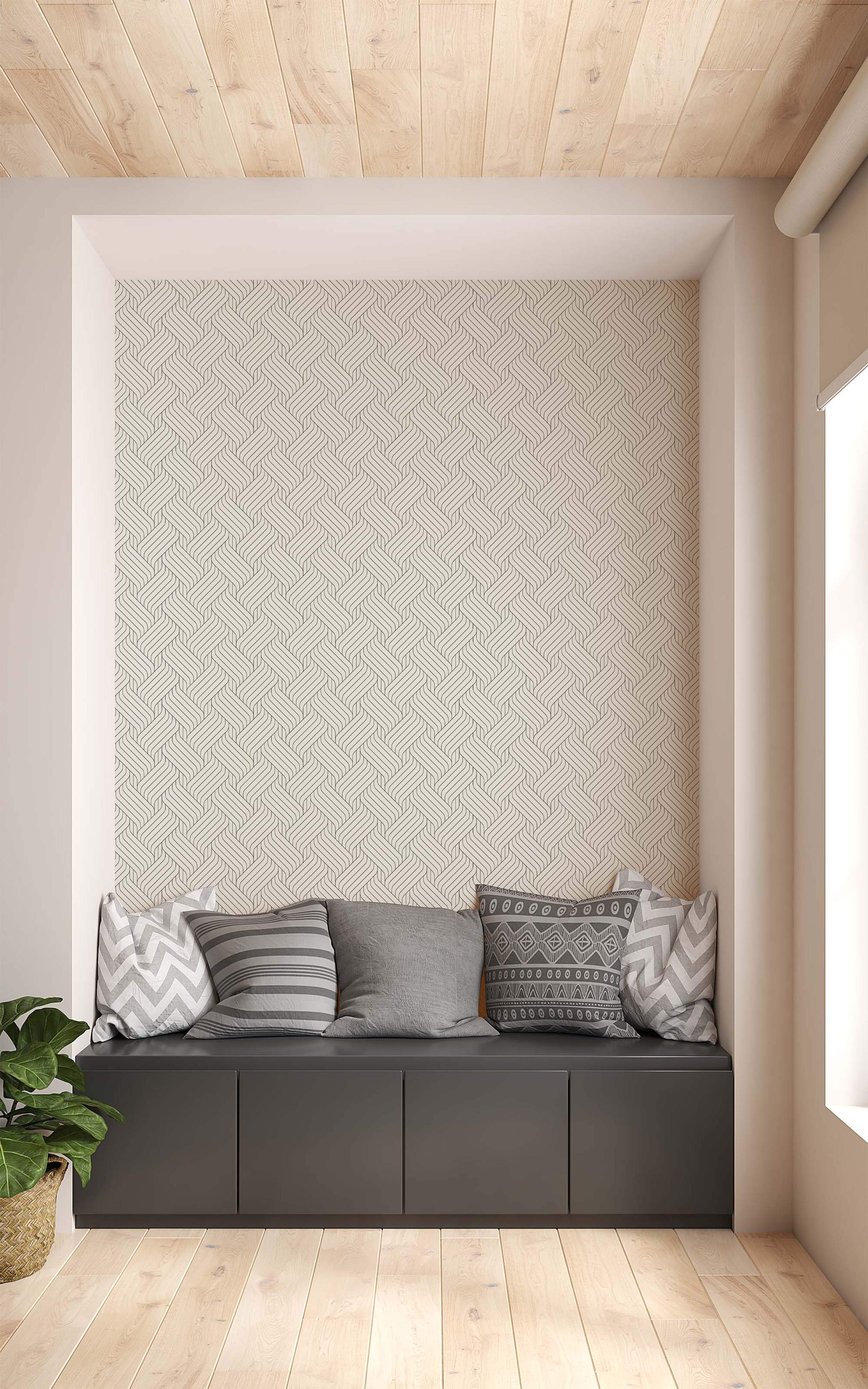 Geometric wallpaper featuring thin dark grey lines interlocking in a woven, braided pattern over a light beige background.