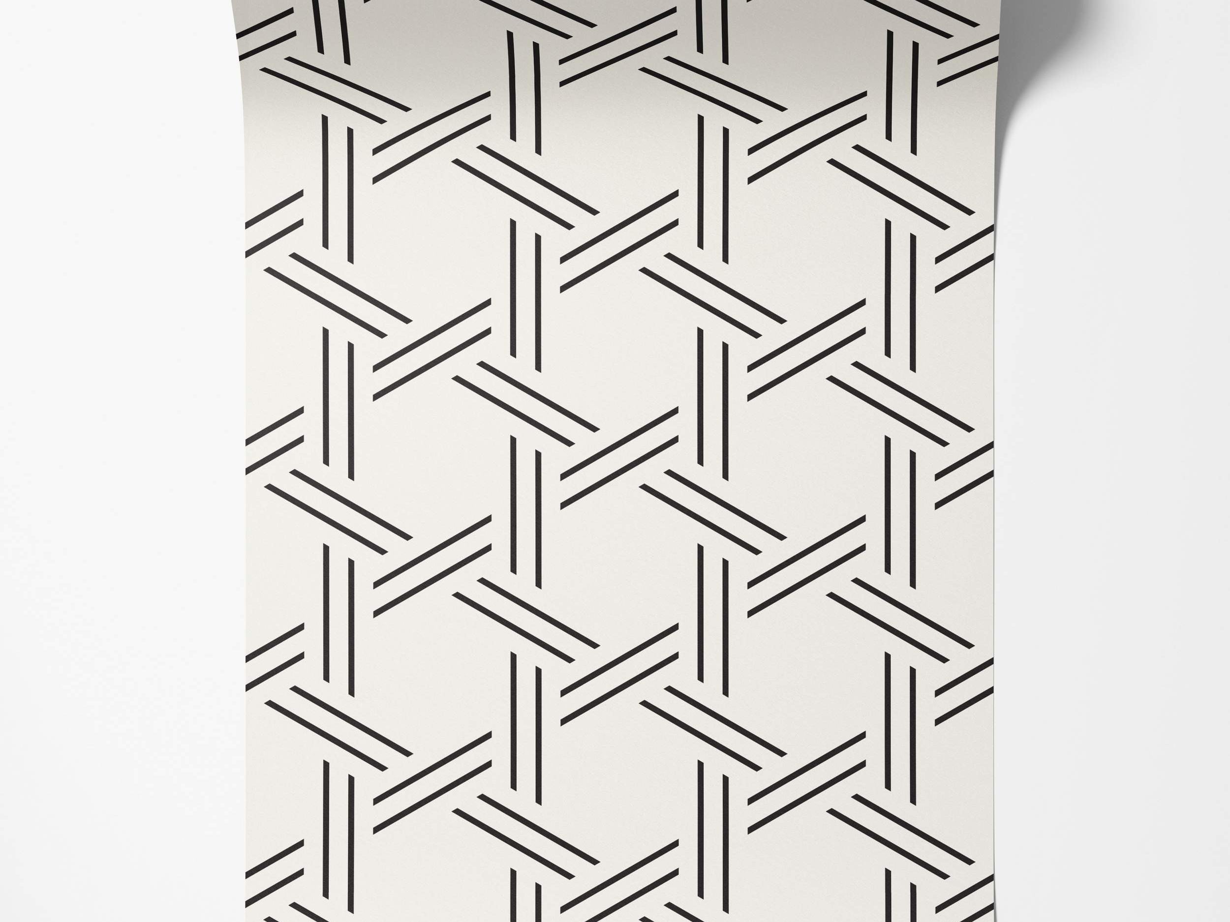Geometric wallpaper featuring thin black lines forming an interlocking woven pattern on an off-white background.