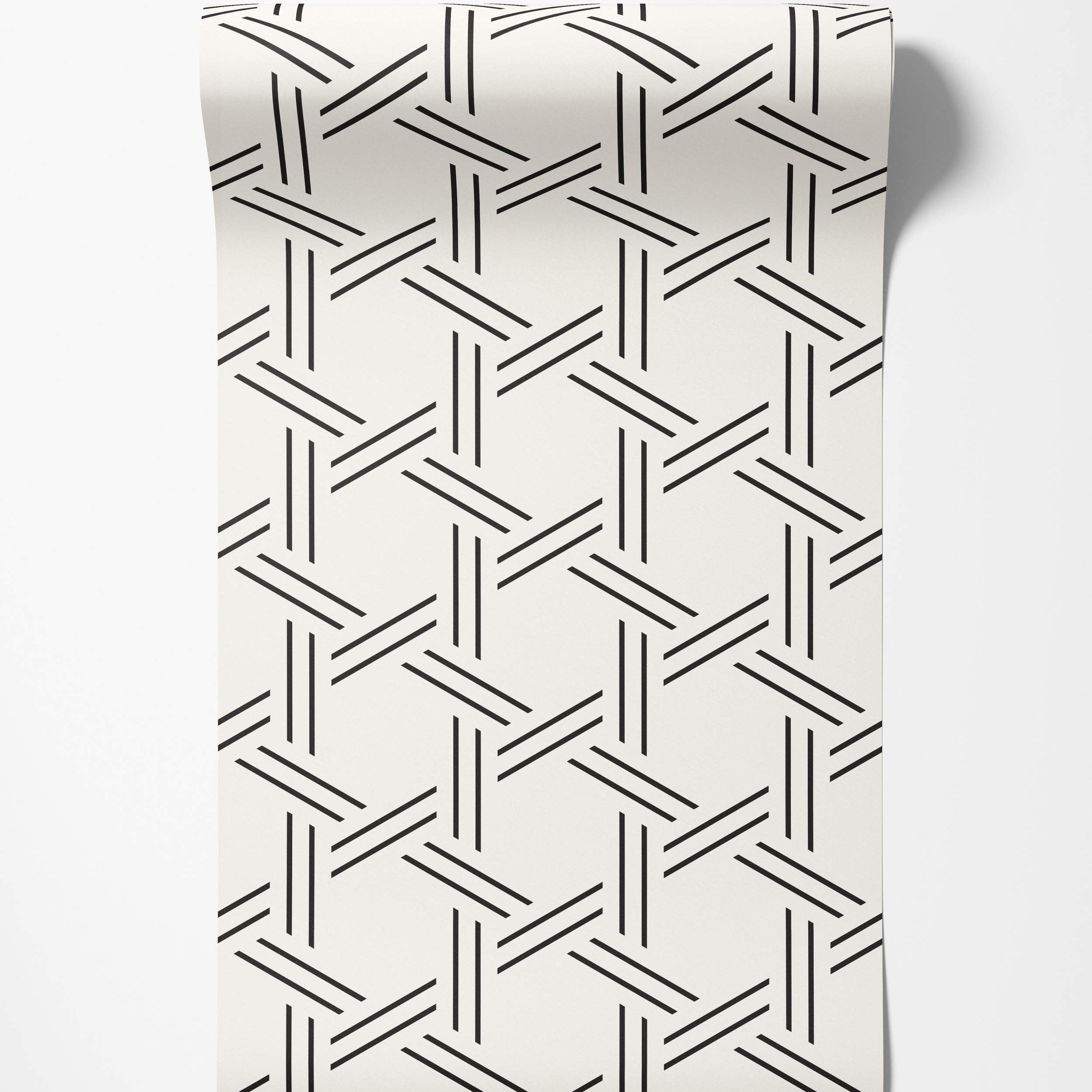 Geometric wallpaper featuring thin black lines forming an interlocking woven pattern on an off-white background.