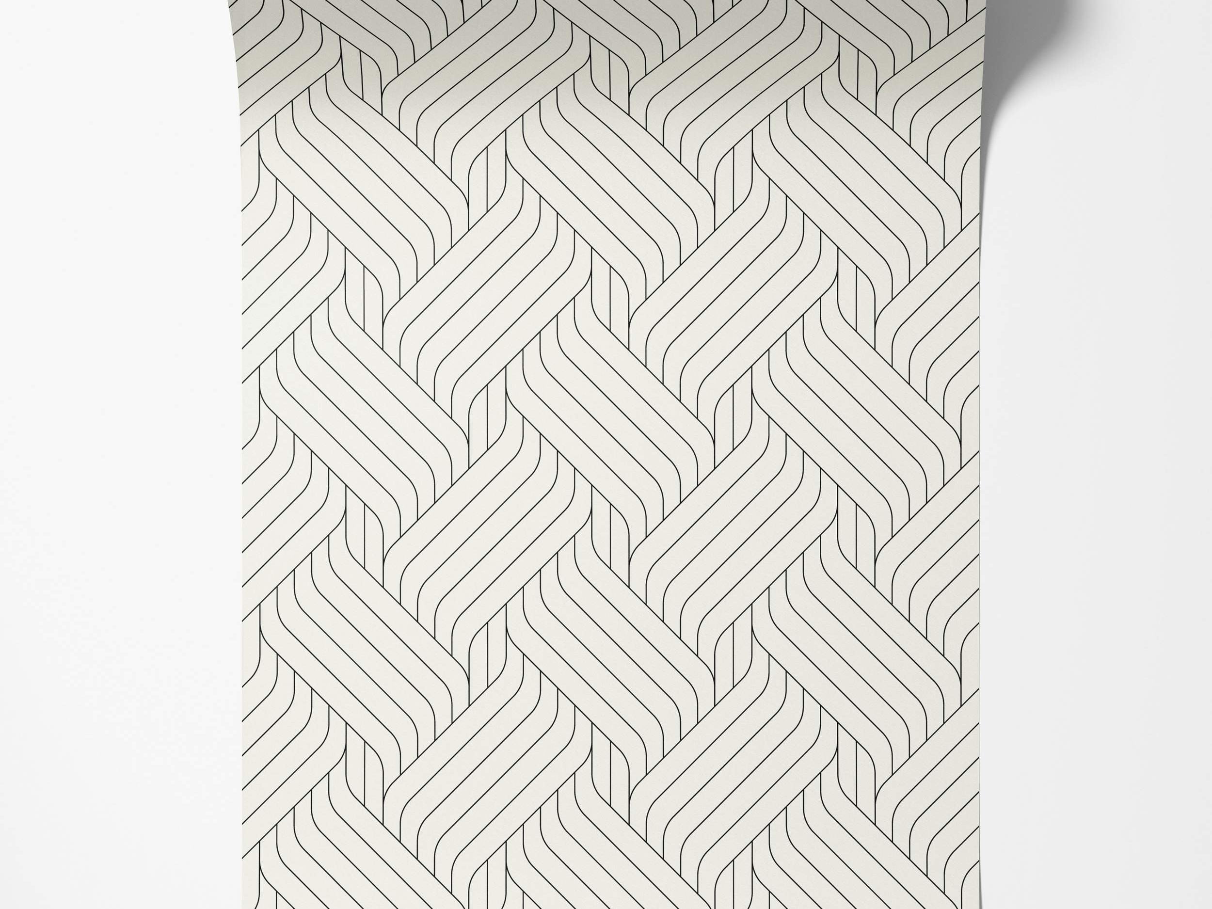 Geometric wallpaper featuring a woven pattern of thin, curved black parallel lines overlapping on an off-white background.