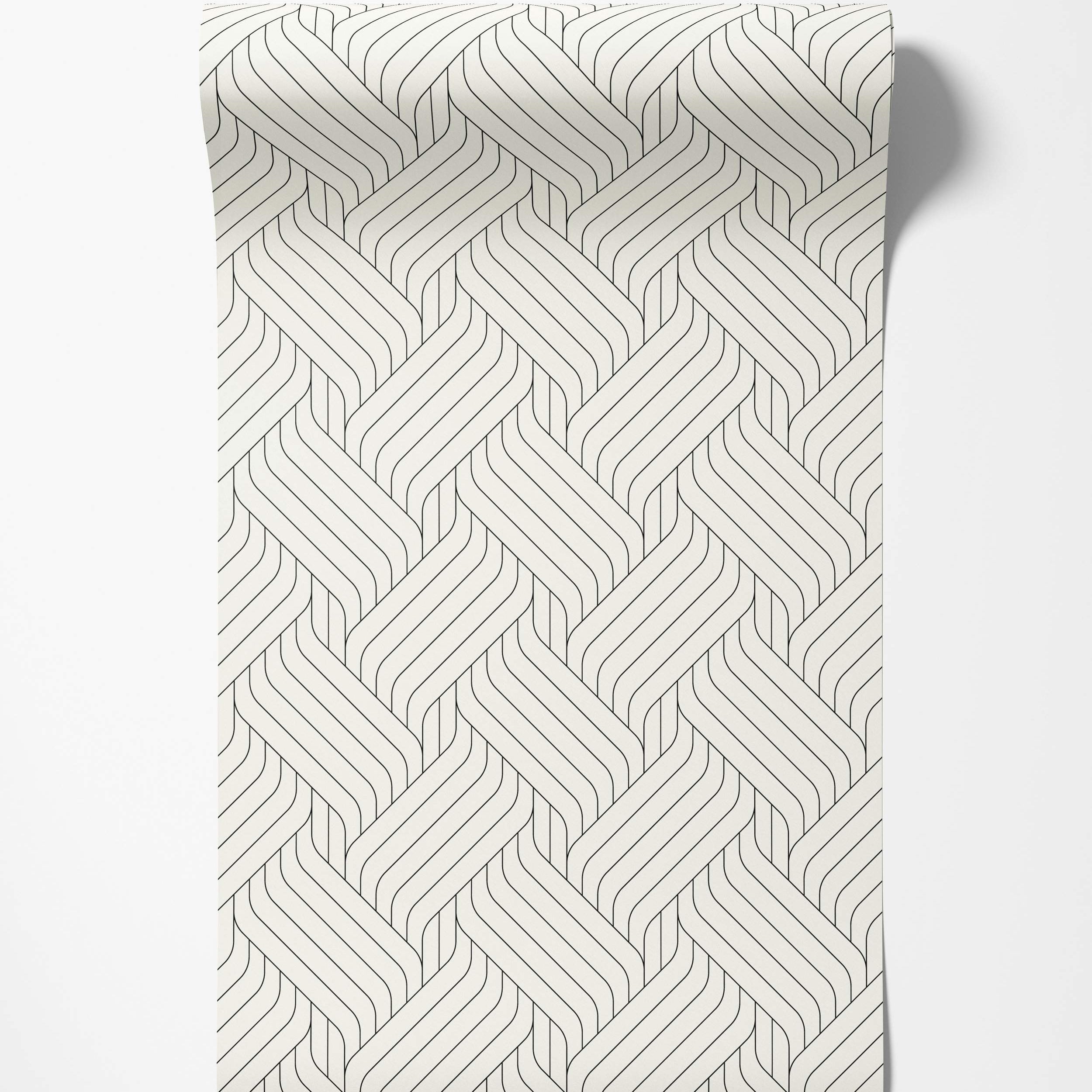 Geometric wallpaper featuring a woven pattern of thin, curved black parallel lines overlapping on an off-white background.