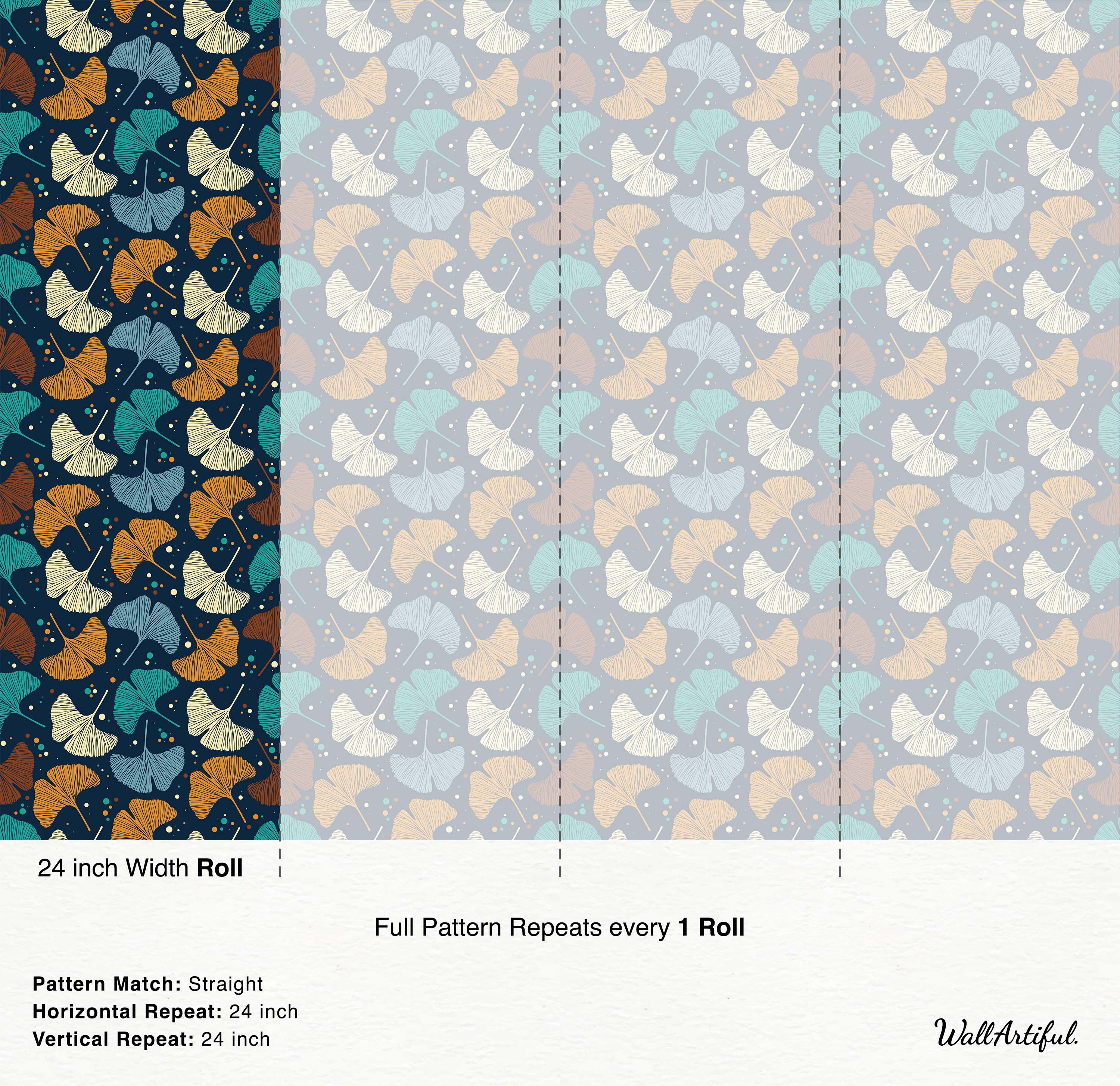 Repeating wallpaper pattern of ginkgo leaves in teal, orange, brown, and cream on a pale blue-grey background with colored dots.