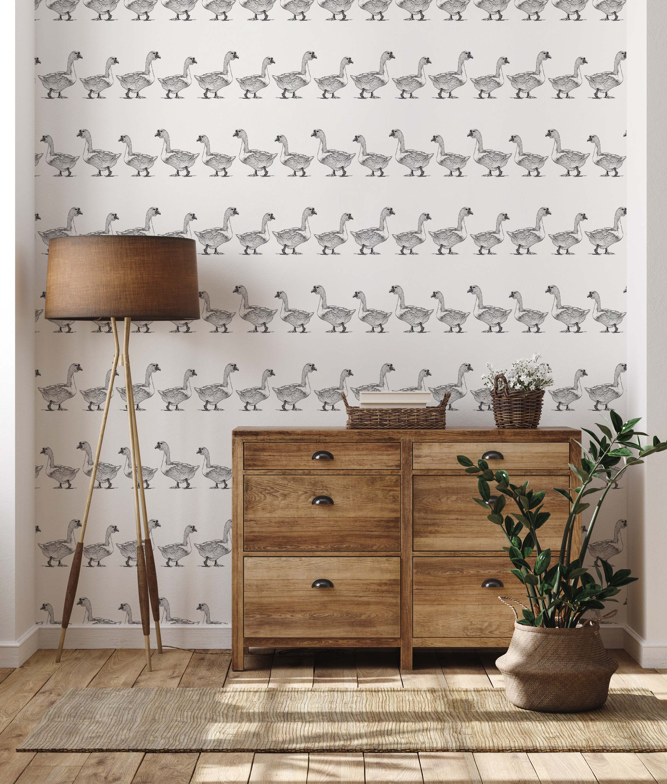 Wallpaper featuring a repeating pattern of hand-drawn geese in black ink on a white background, arranged in horizontal rows.
