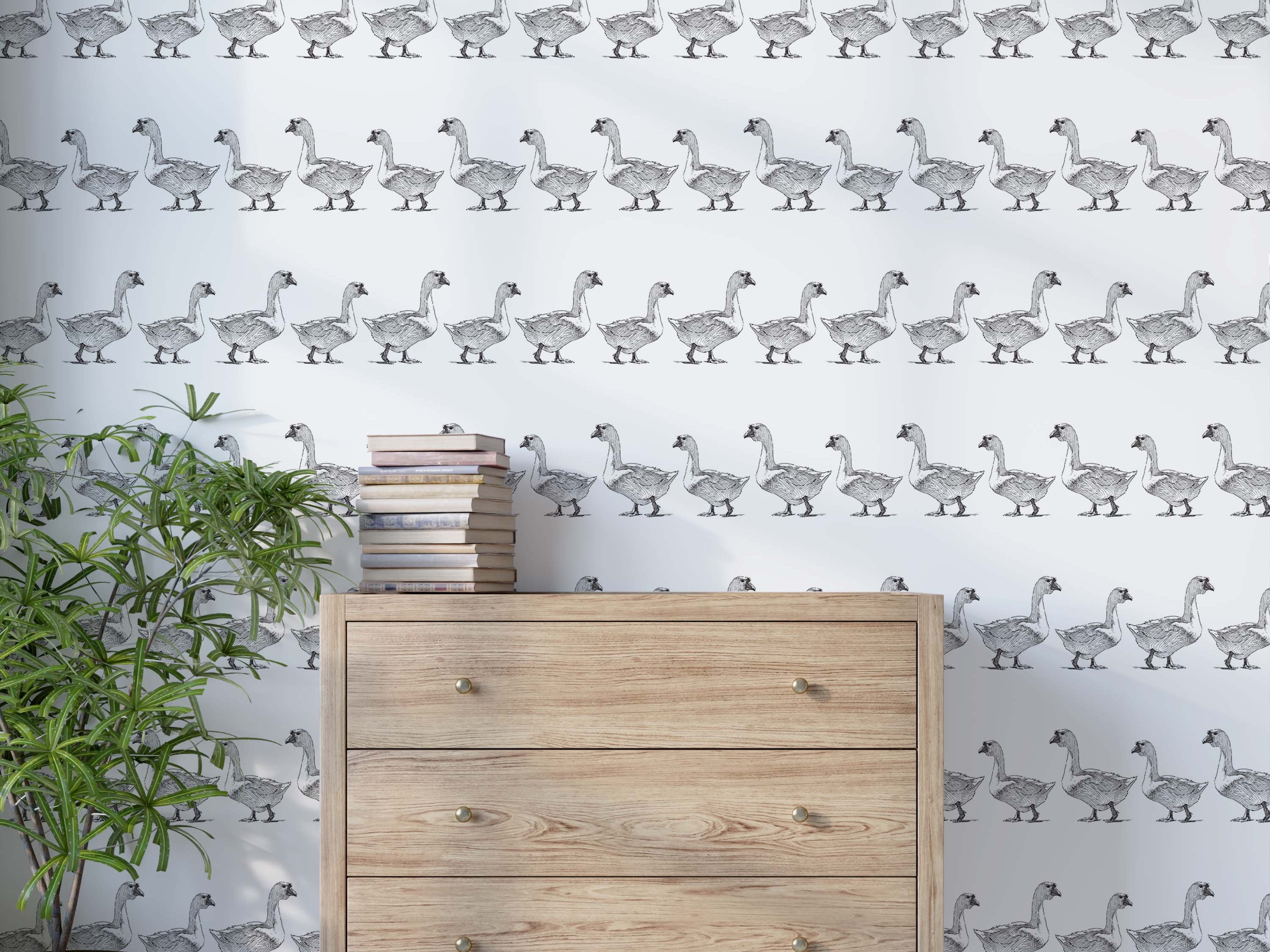 A repeating wallpaper pattern featuring rows of hand-drawn geese in black ink on a white background.