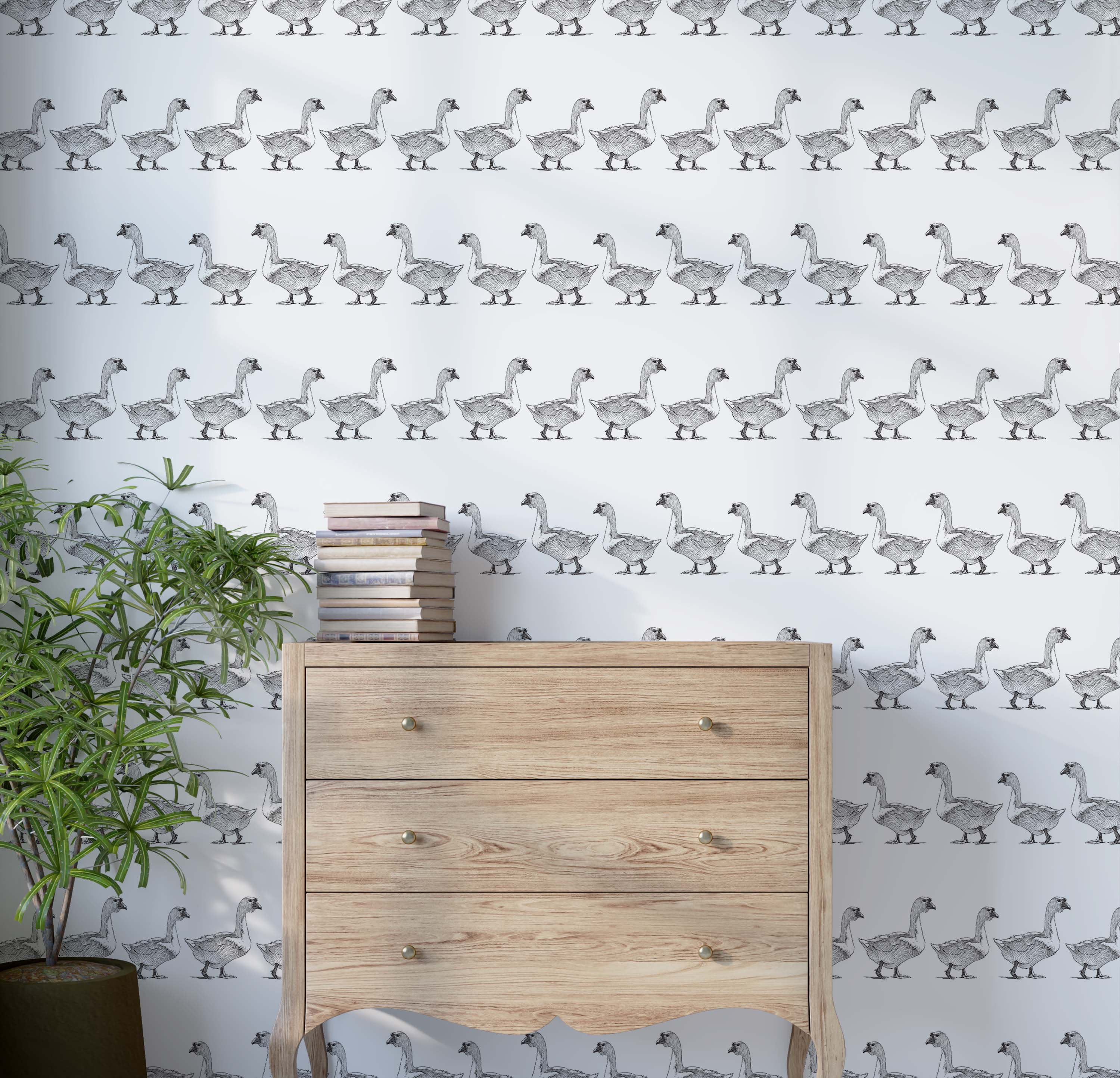 A repeating wallpaper pattern featuring rows of hand-drawn geese in black ink on a white background.