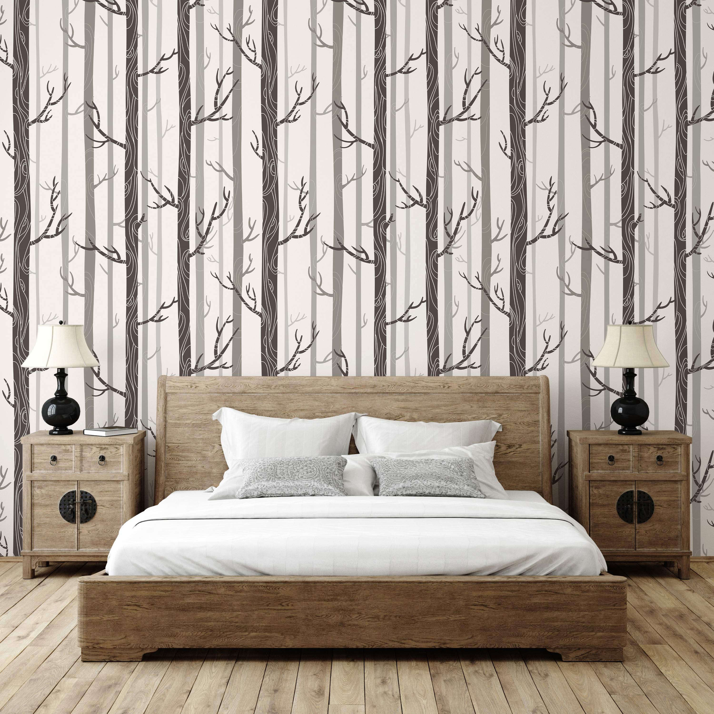 Stylized forest wallpaper with vertical dark and light grey tree trunks and white outlined branches on an off-white background.