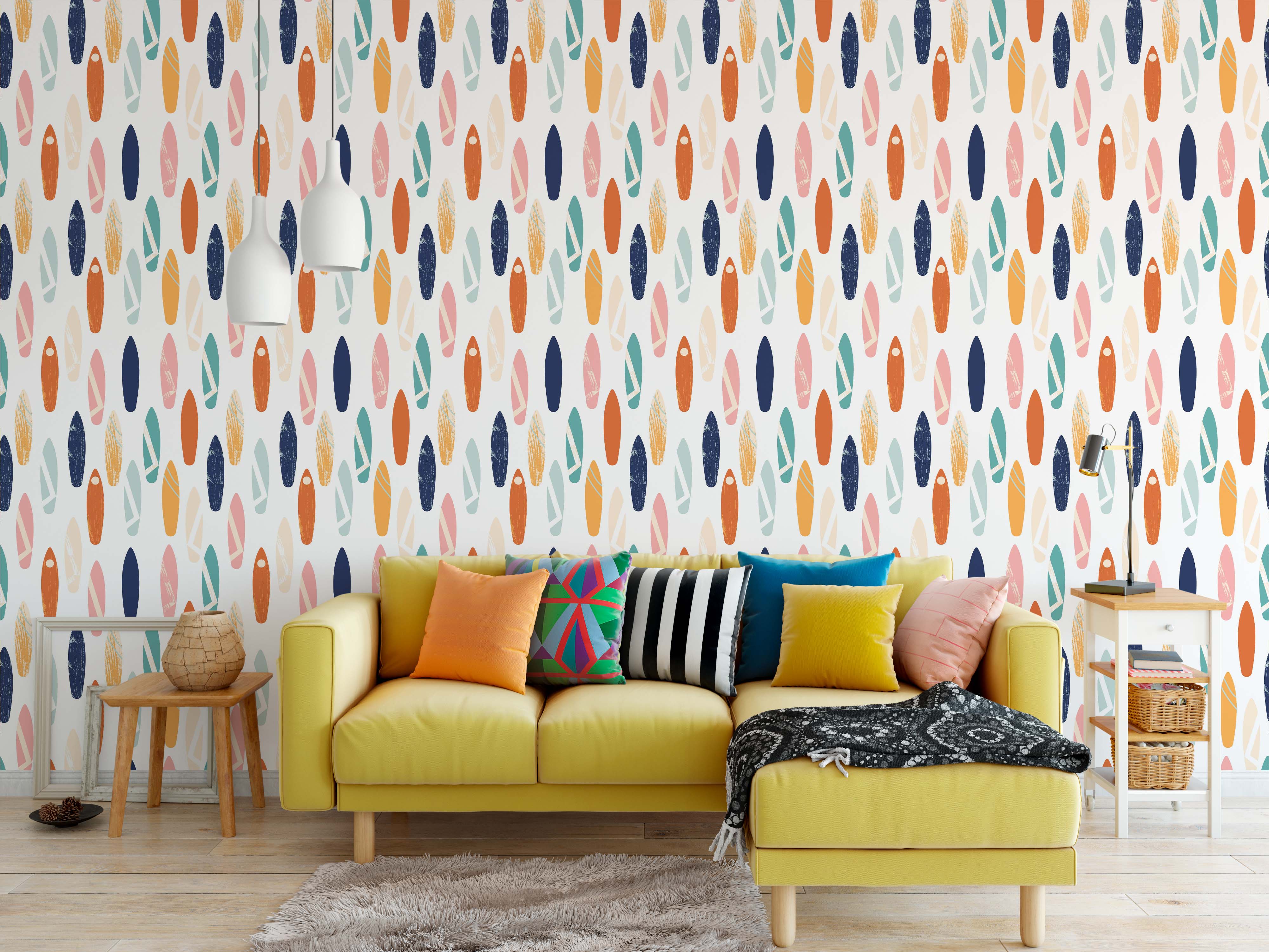 Graphic wallpaper with a repeating pattern of stylized surfboards in orange, dark blue, teal, pink, yellow, and beige on a white field.