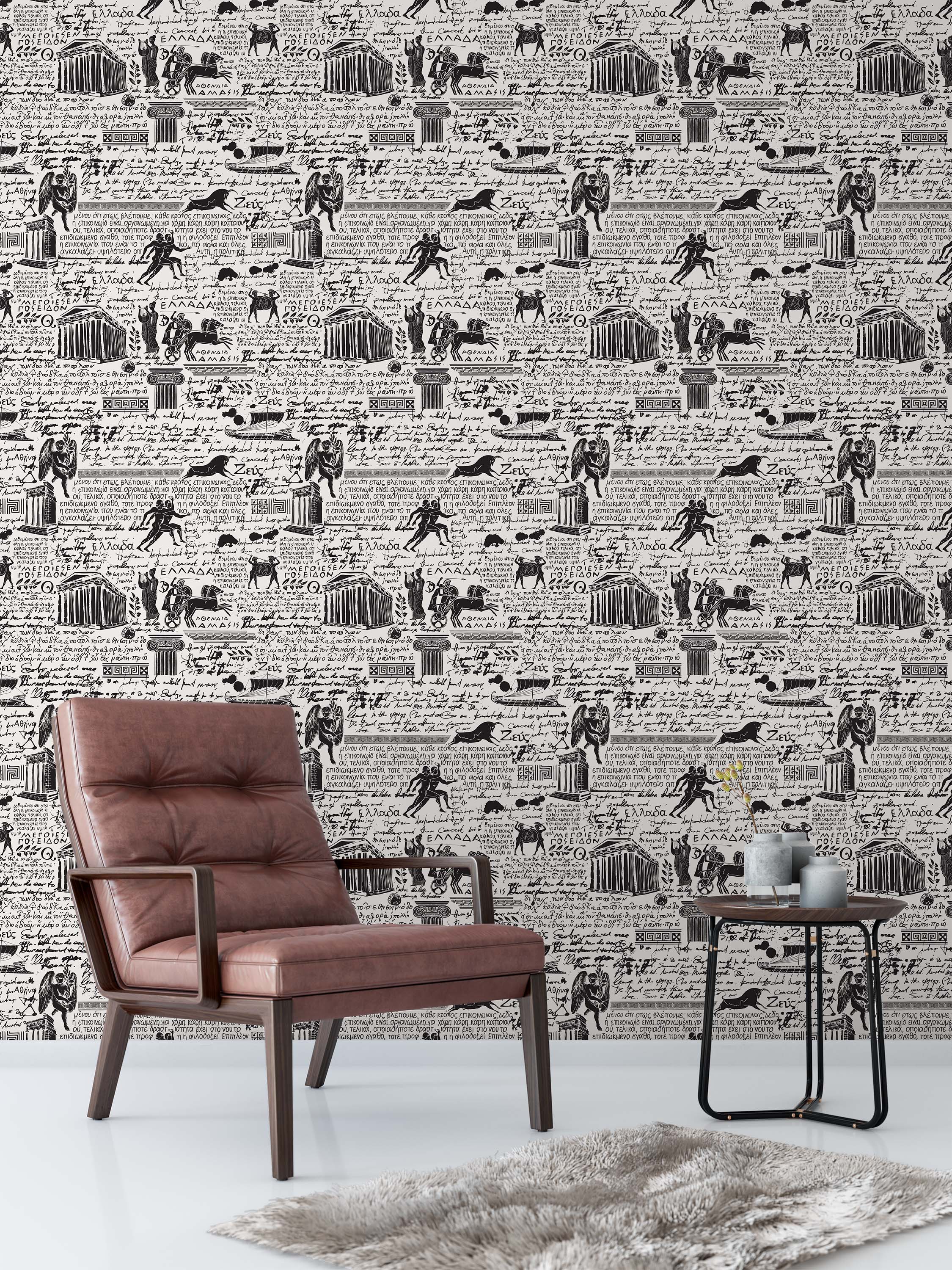 Black and white wallpaper with repeating Greek-inspired motifs, including figures, text, and architectural elements.