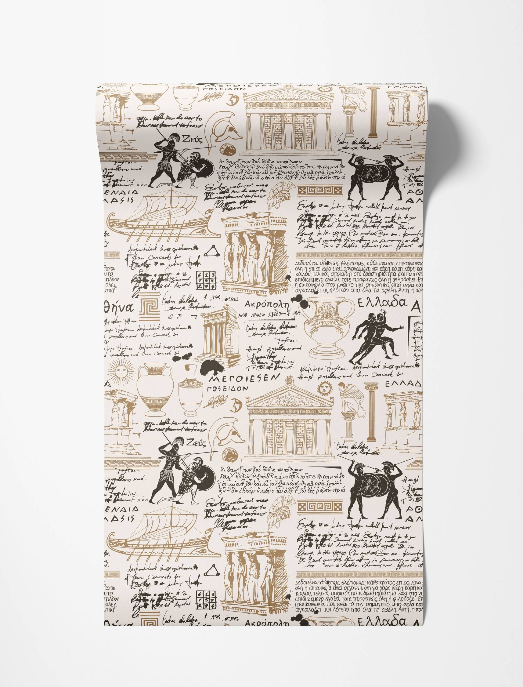 Off-white wallpaper with repeating ancient Greek motifs like temples, warriors, and script in gold and black.