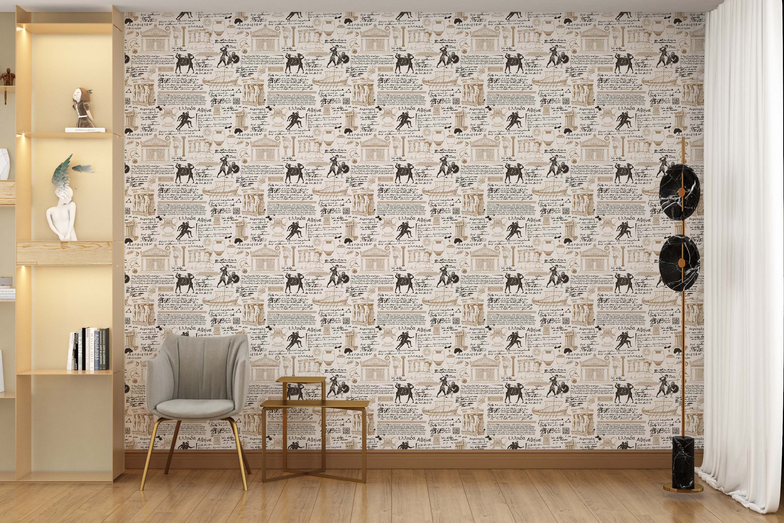 Beige wallpaper with repeating brown and black illustrations of Greek mythology, temples, figures, and script.