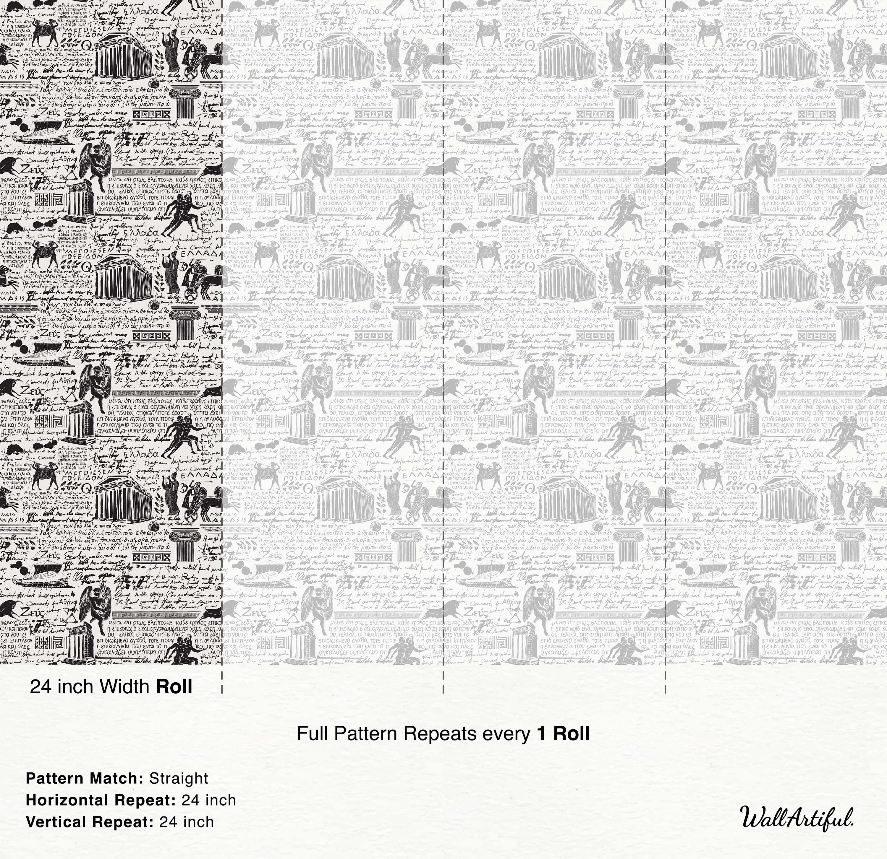 Monochrome wallpaper with a dense collage of ancient Greek mythological figures, architecture, and script in black and gray.