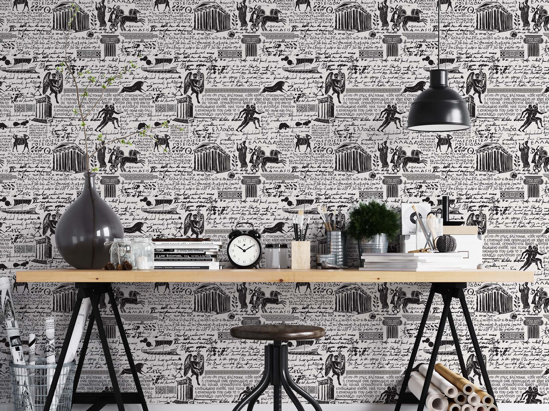 Black and white wallpaper with repeating ancient Greek motifs including temples, figures, ships, and script on a white background.
